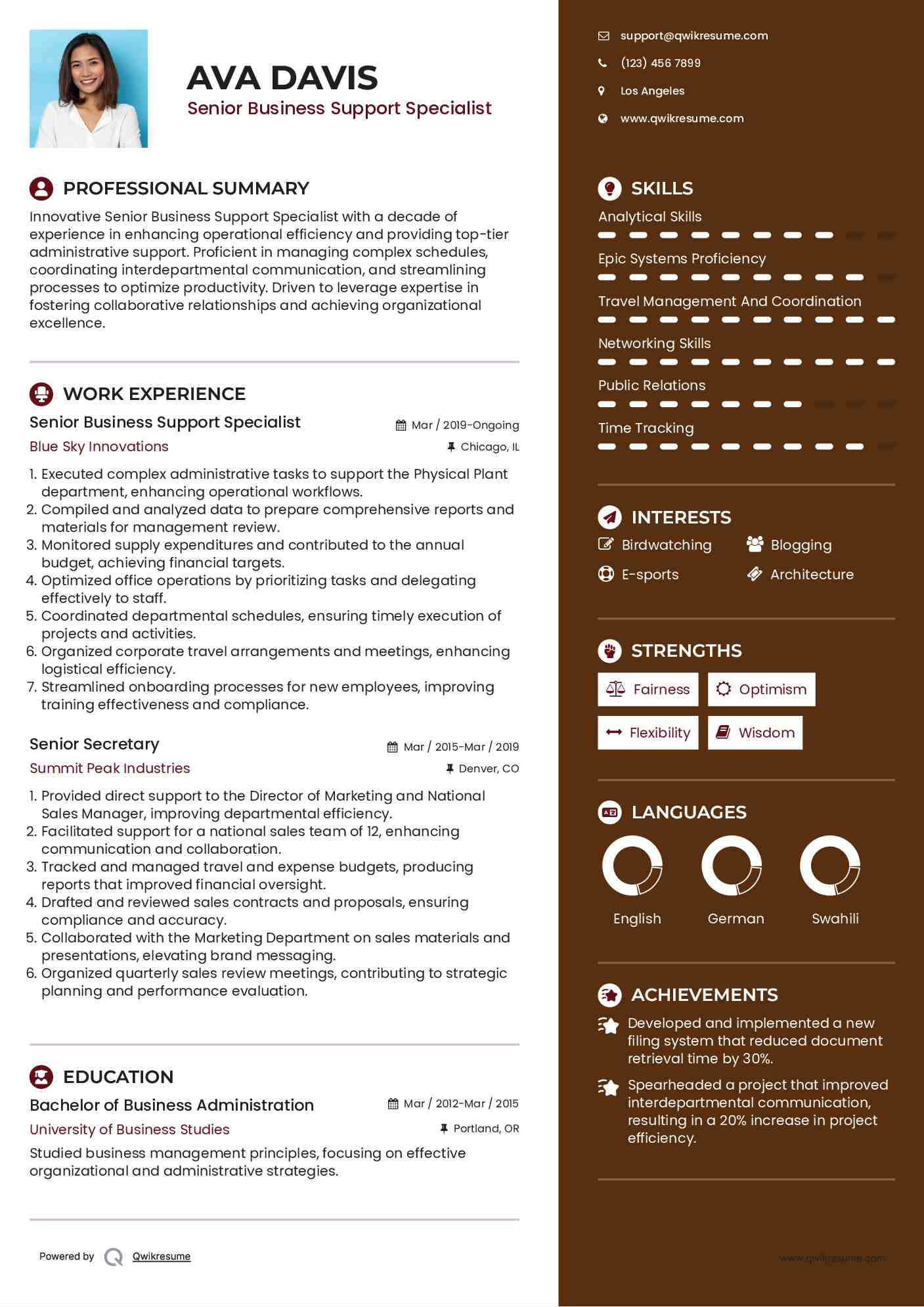 Senior Business Support Specialist Resume Sample