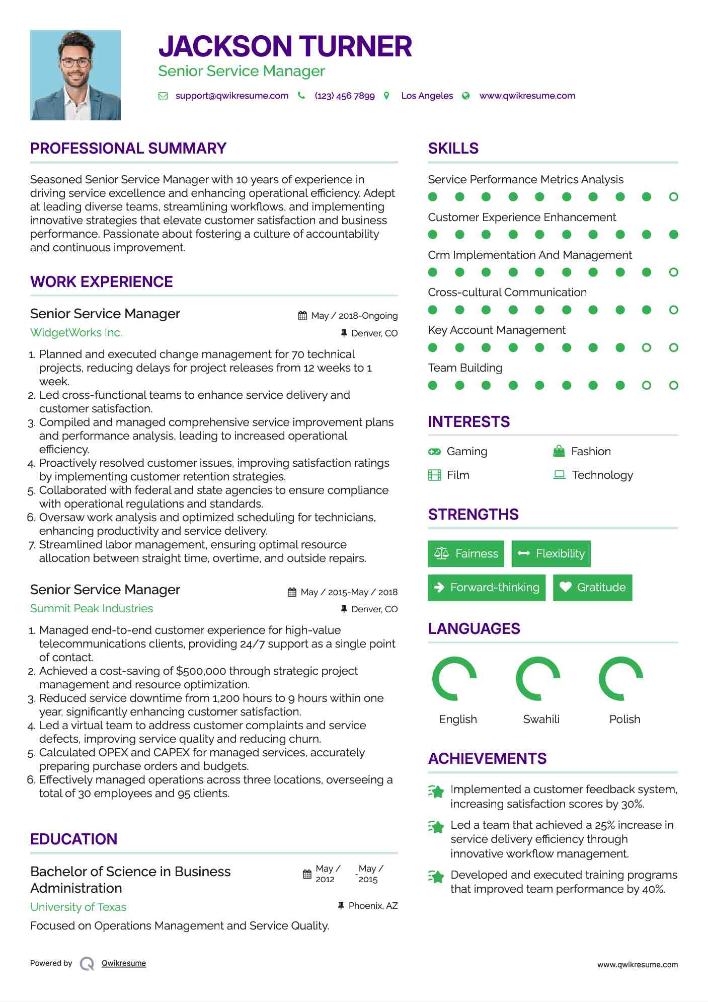 Senior Service Manager Resume Sample