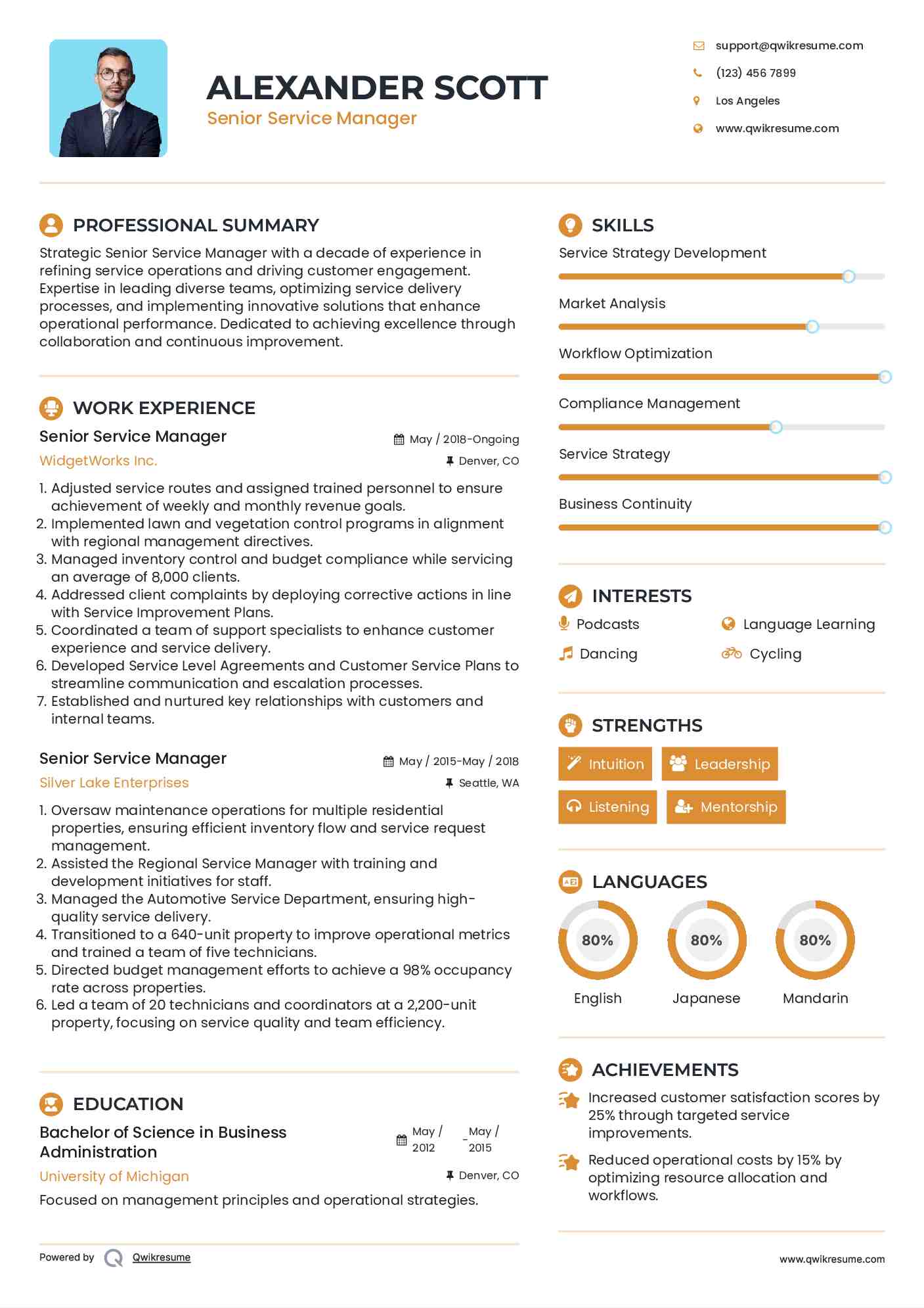Senior Service Manager Resume Sample