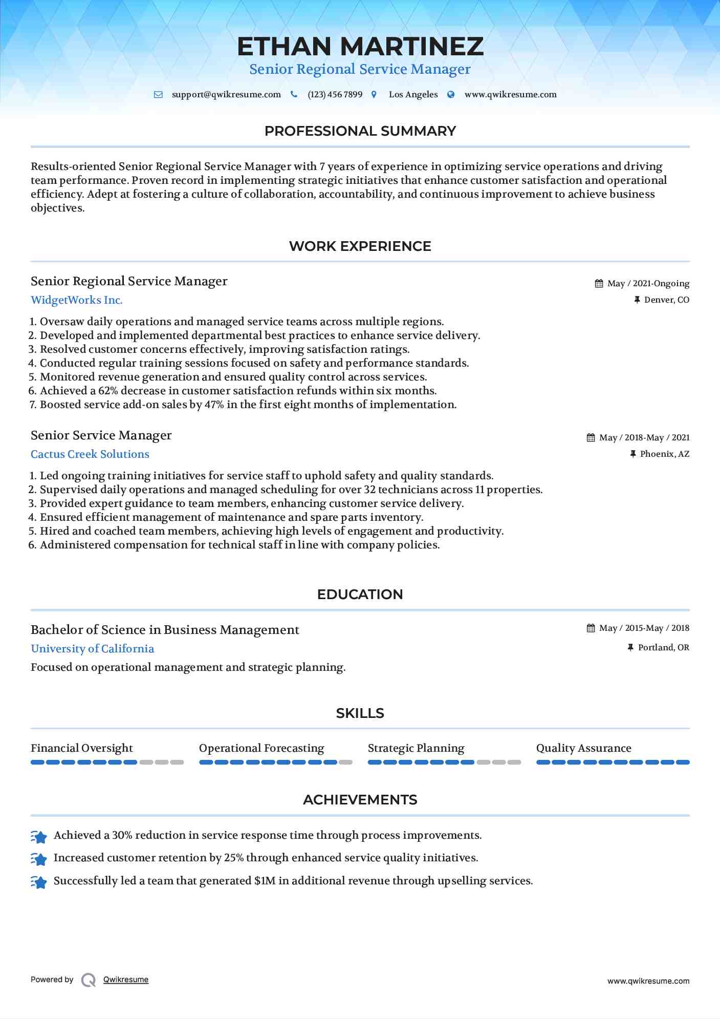 Senior Regional Service Manager Resume Format