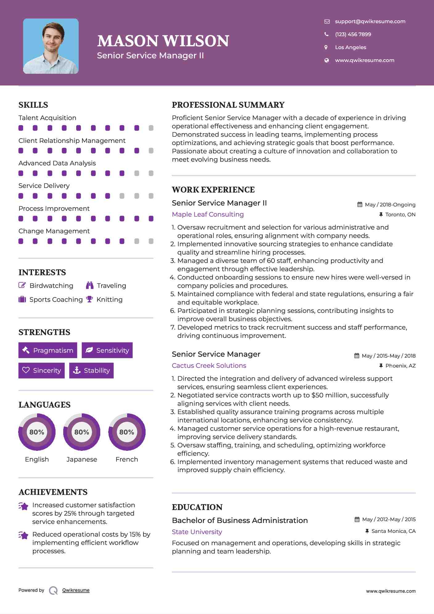 Senior Service Manager II Resume Model