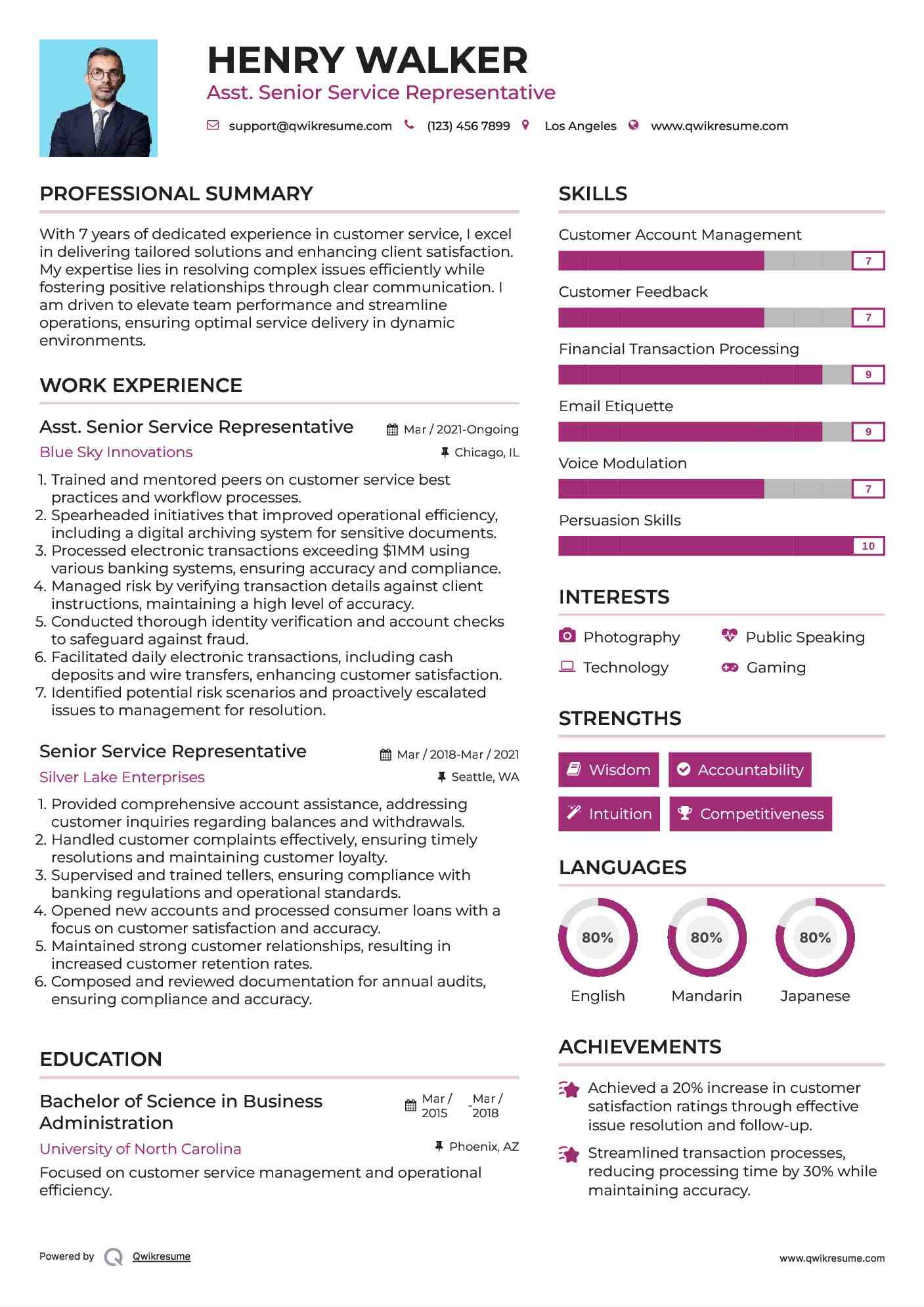 Asst. Senior Service Representative Resume Model