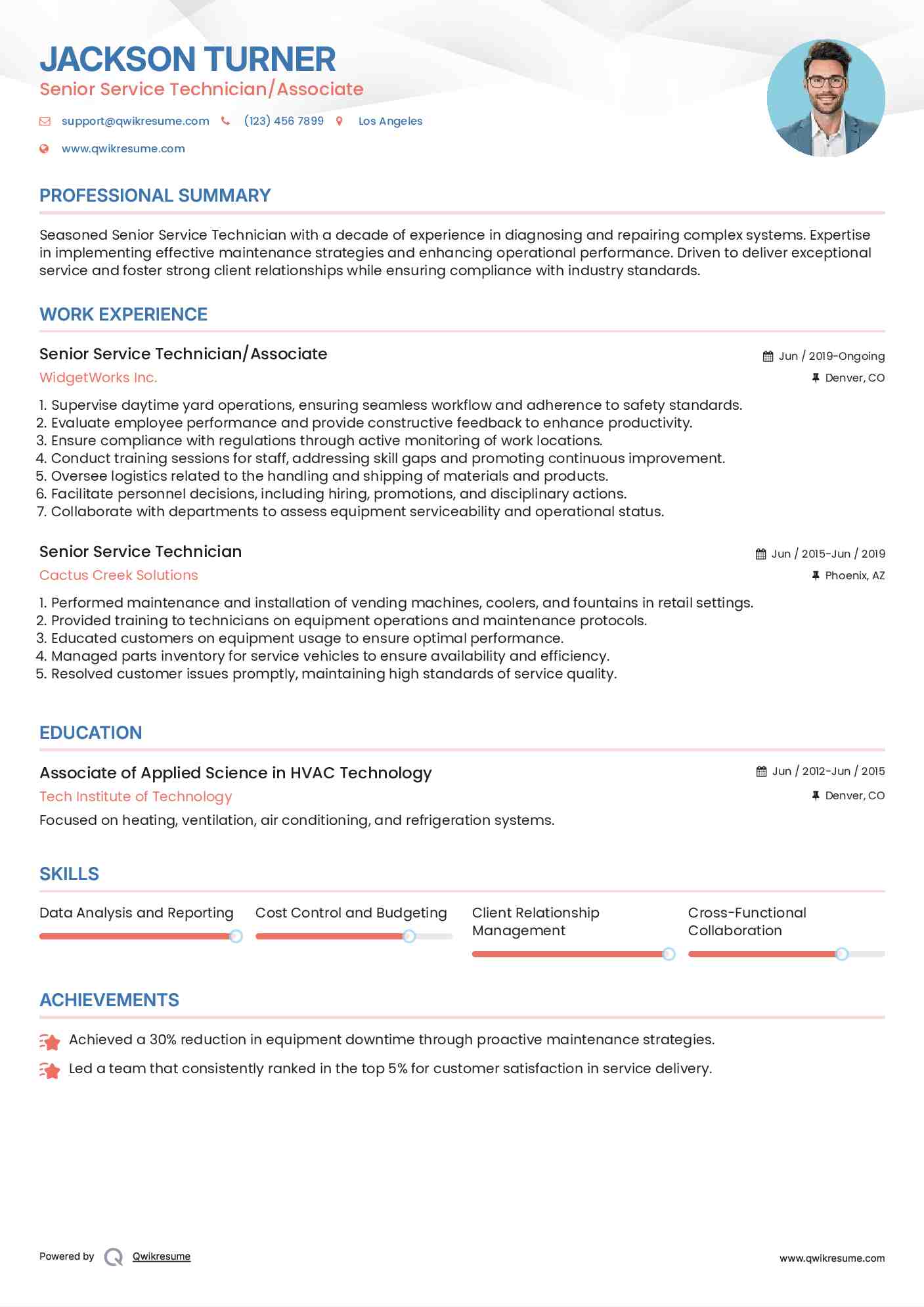 Senior Service Technician/Associate  Resume Format