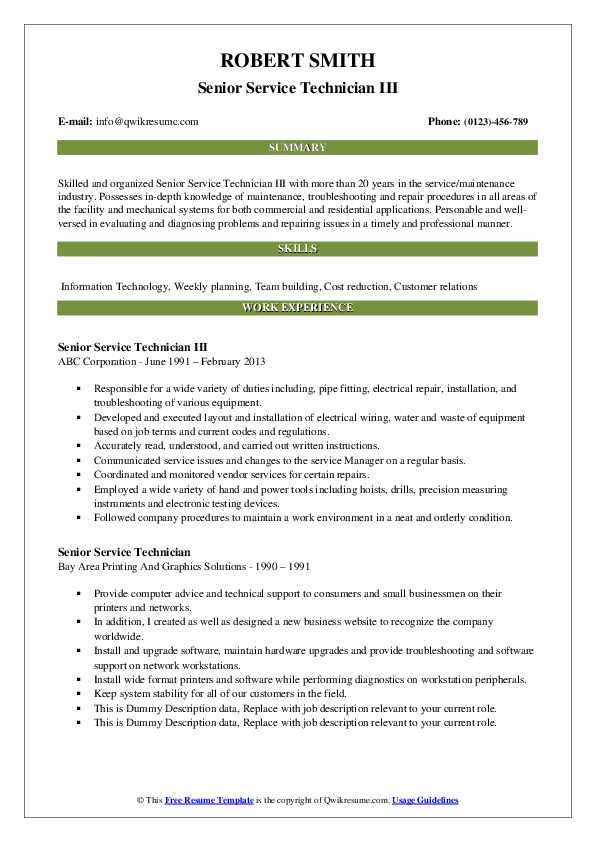 Senior Service Technician Resume Samples QwikResume