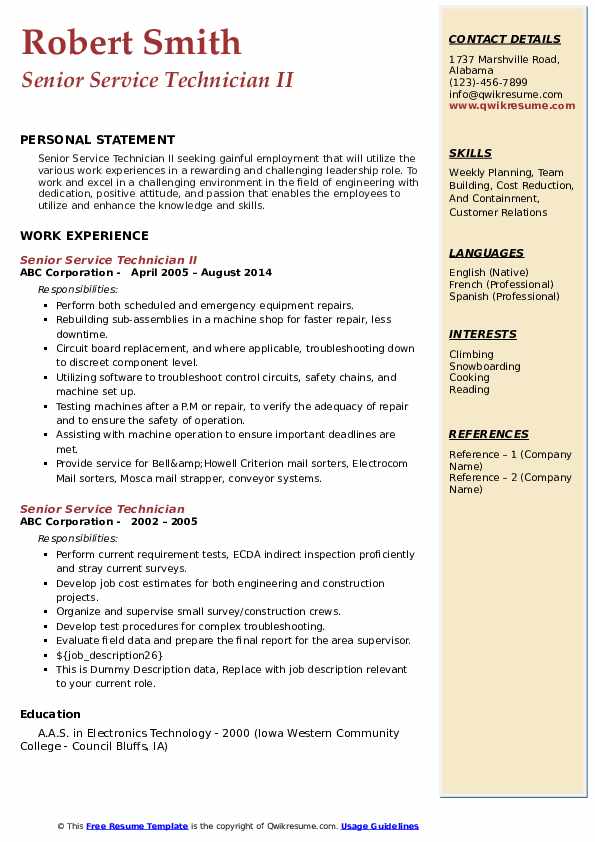Senior Service Technician Resume Samples QwikResume