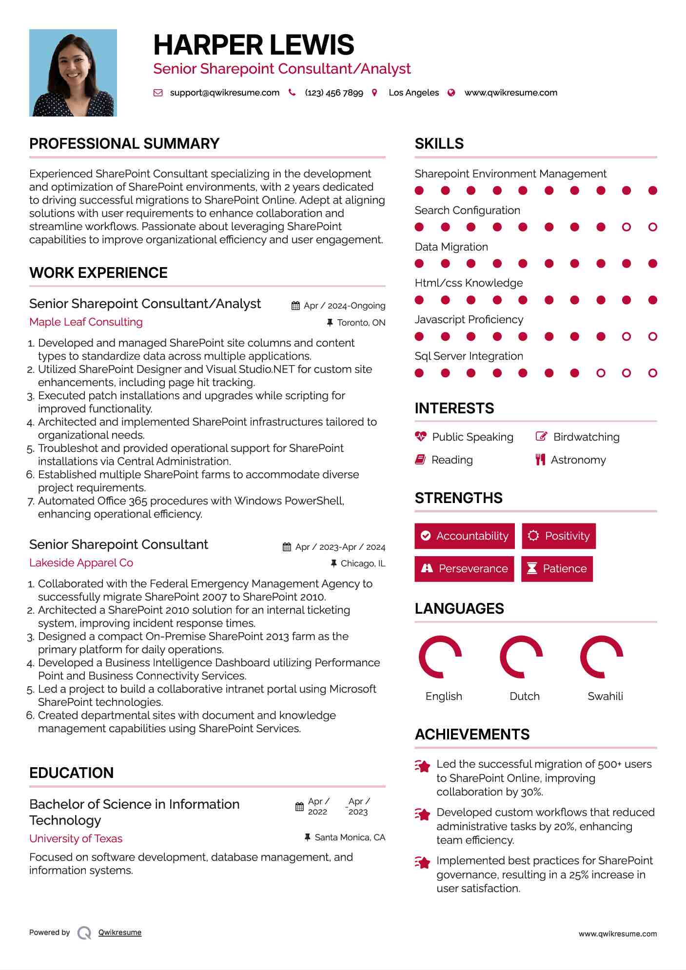 Senior Sharepoint Consultant/Analyst Resume Template