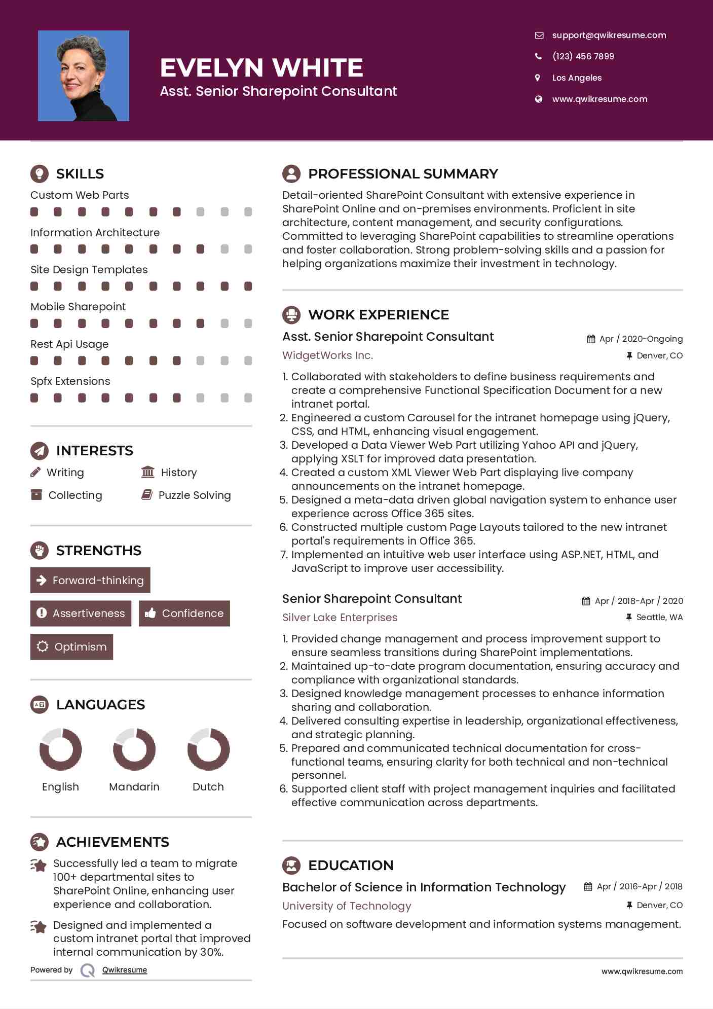 Asst. Senior Sharepoint Consultant Resume Model