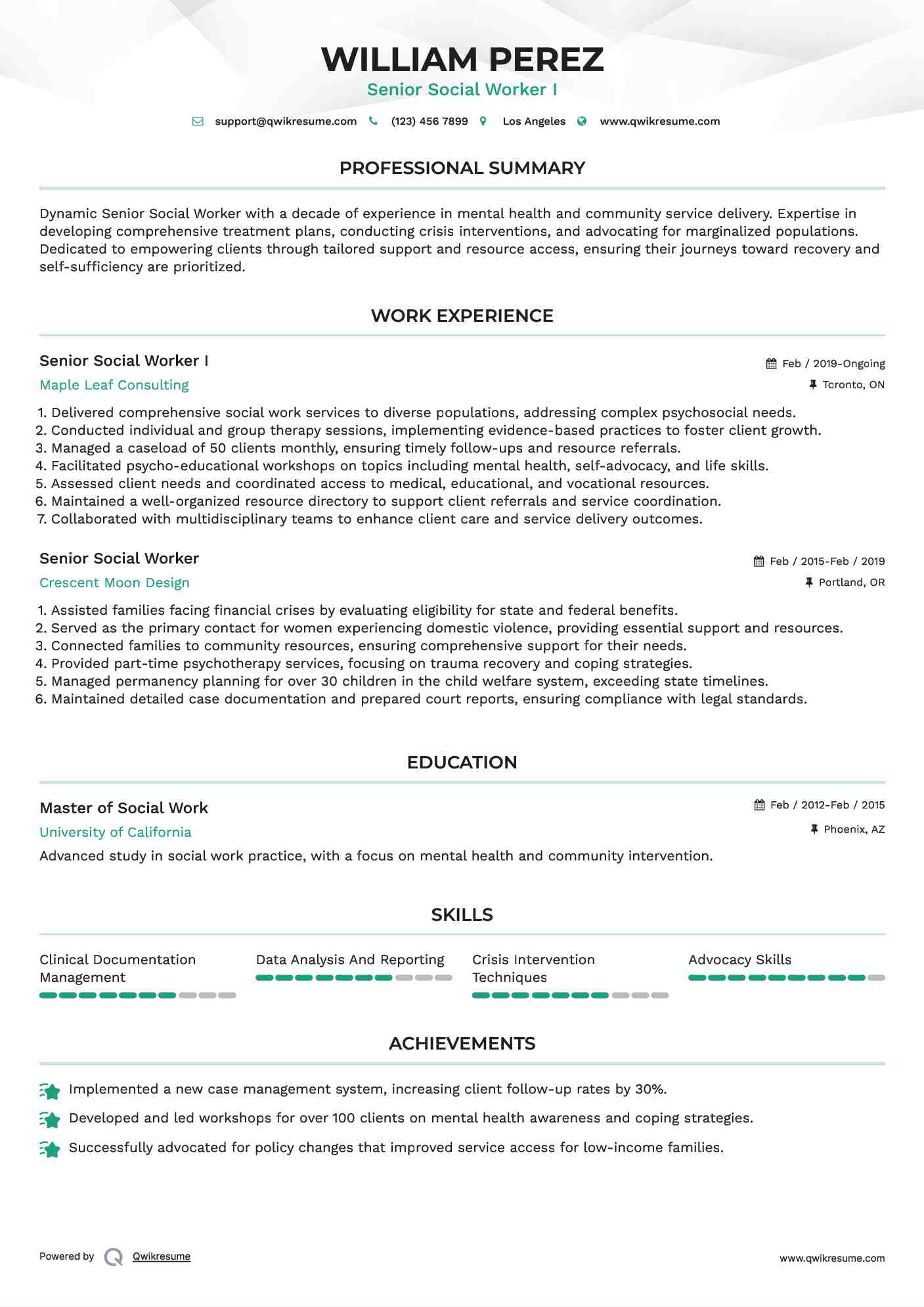 Senior Social Worker I Resume Template