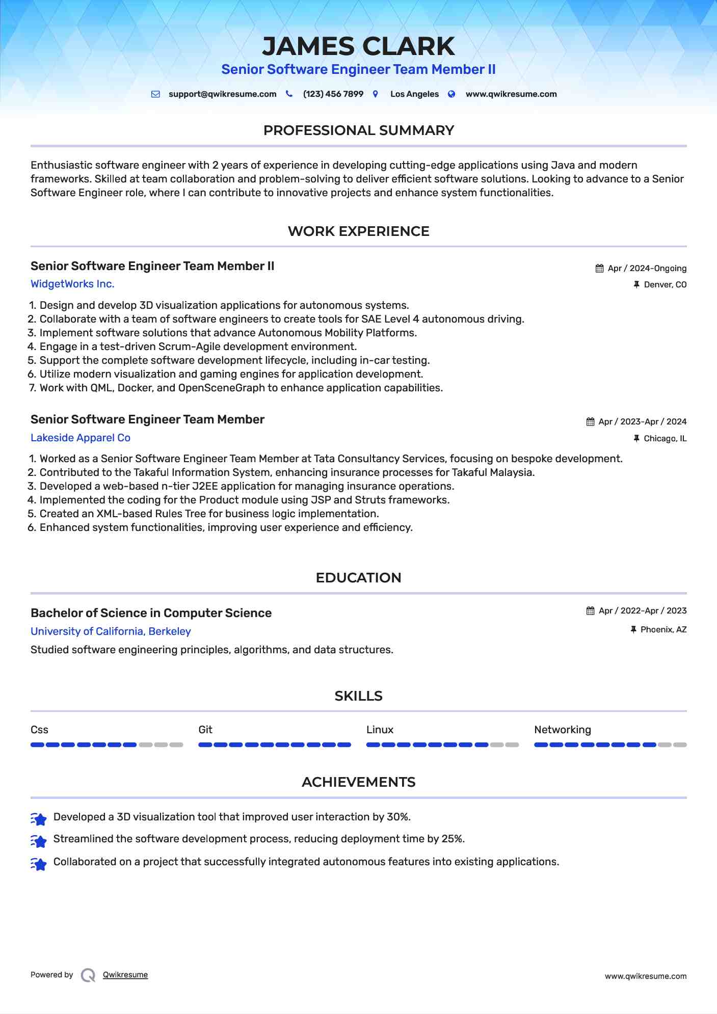 Senior Software Engineer Team Member II Resume Format