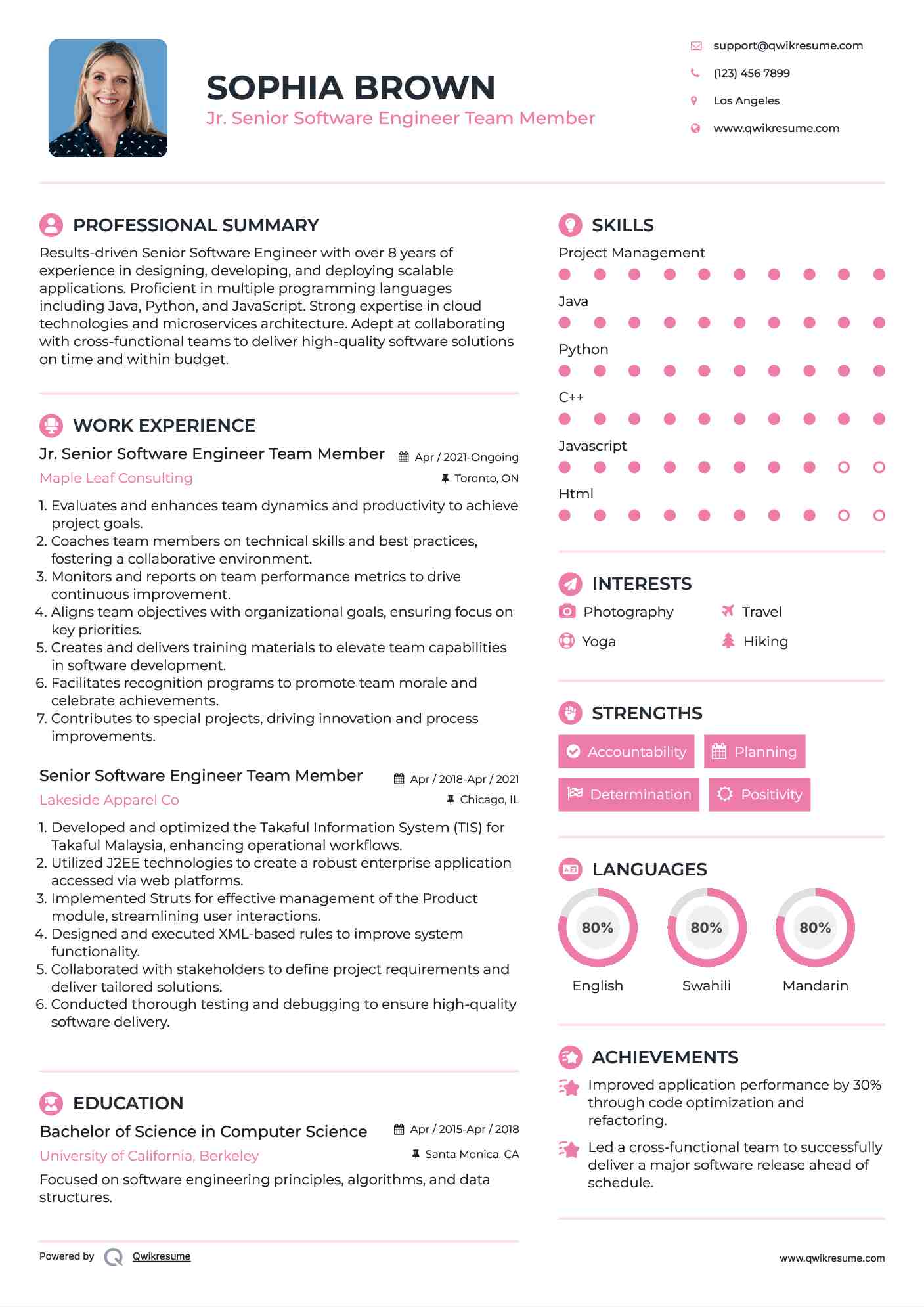 Jr. Senior Software Engineer Team Member Resume Format