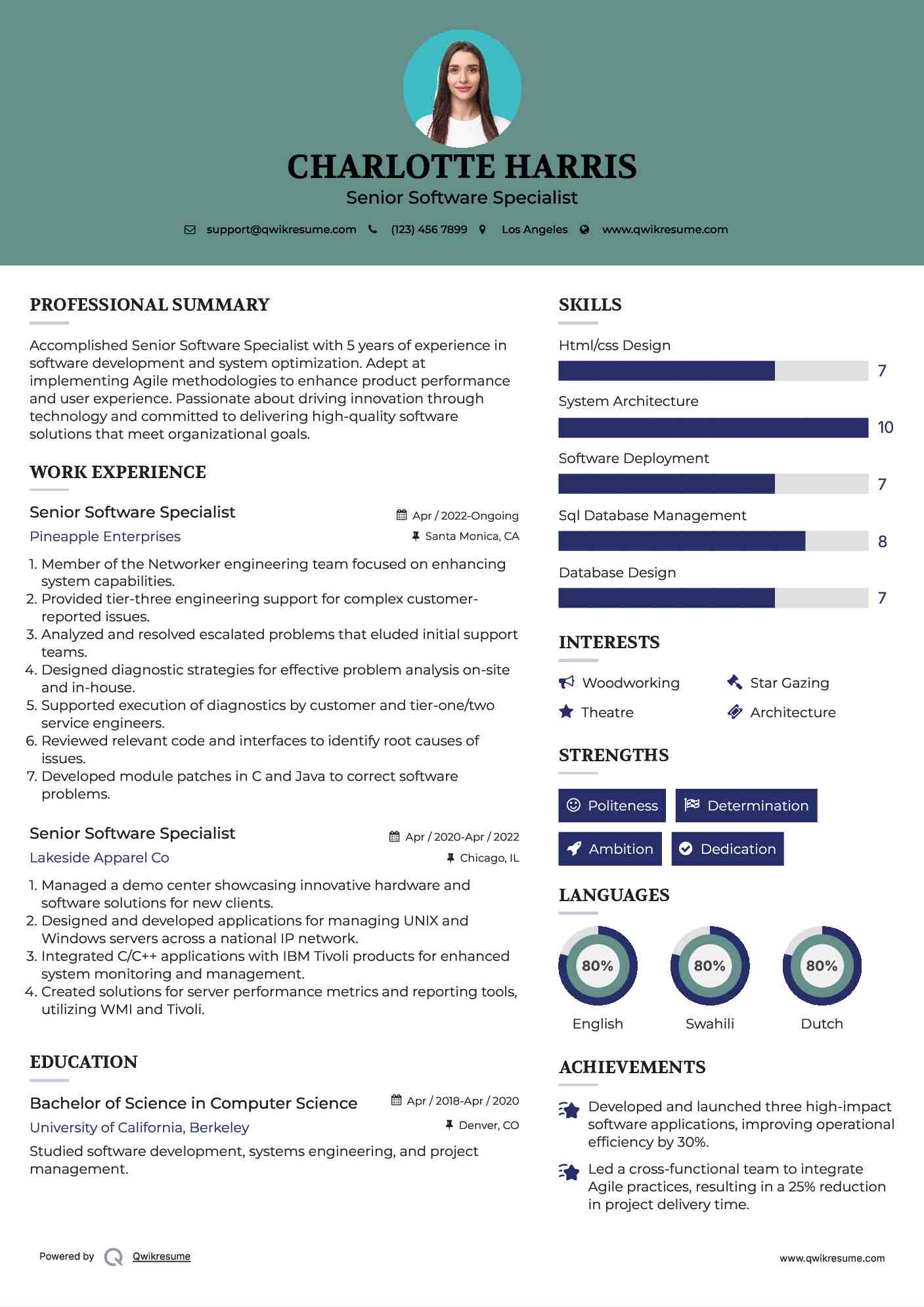 Senior Software Specialist Resume Template
