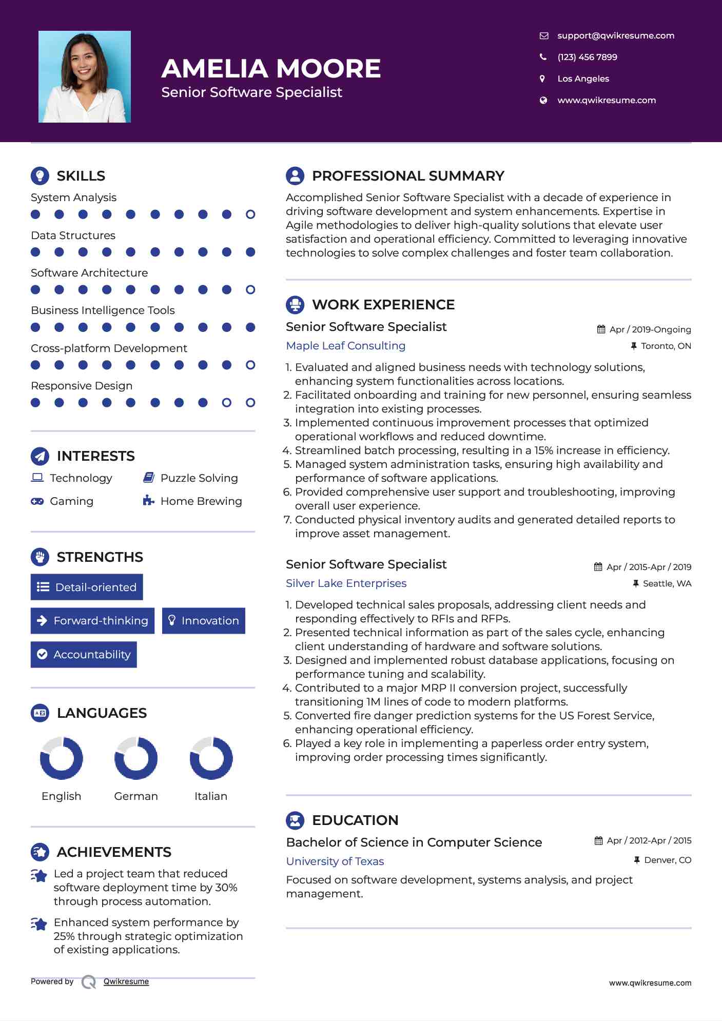 Senior Software Specialist Resume Sample