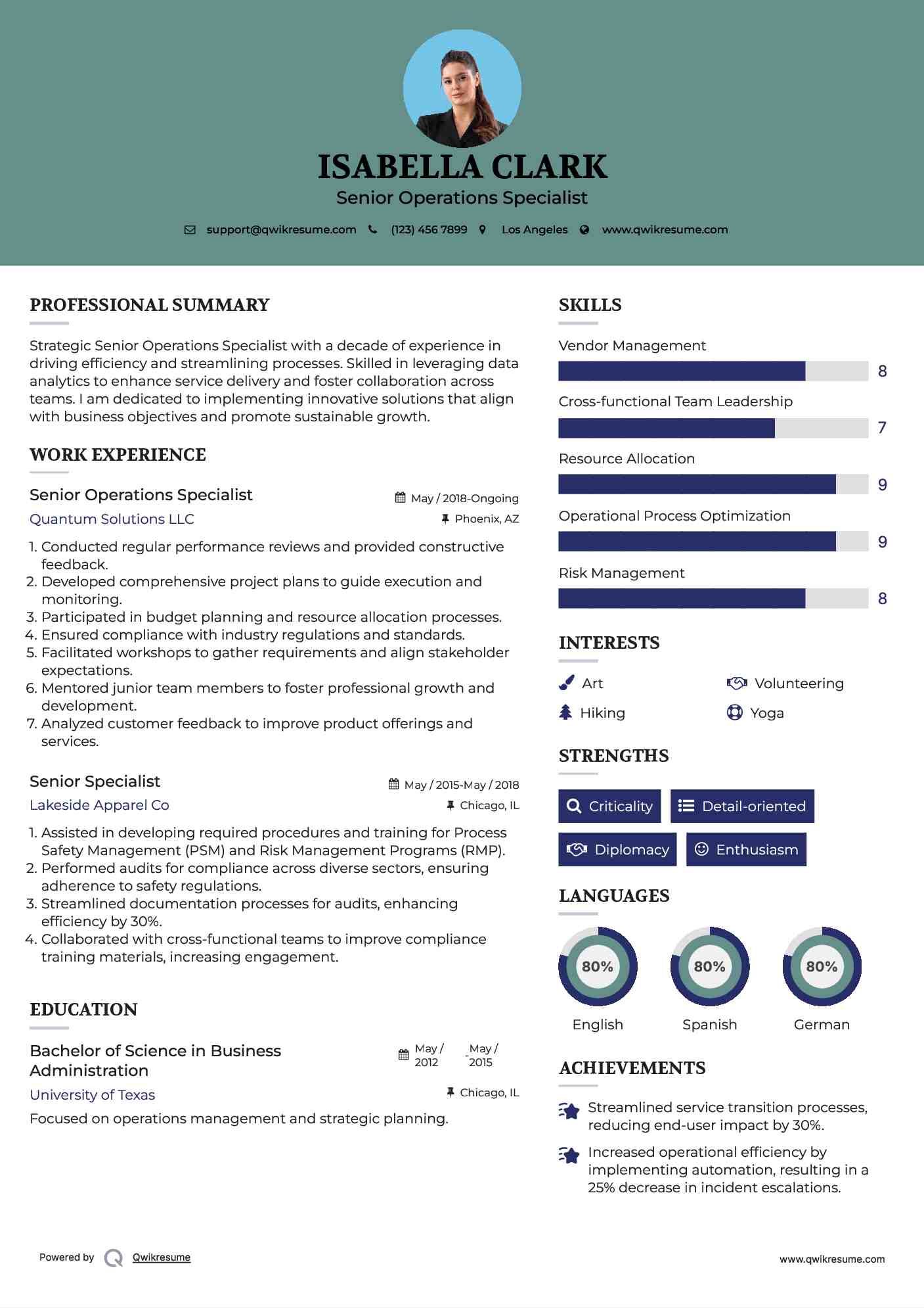 Senior Operations Specialist Resume Sample