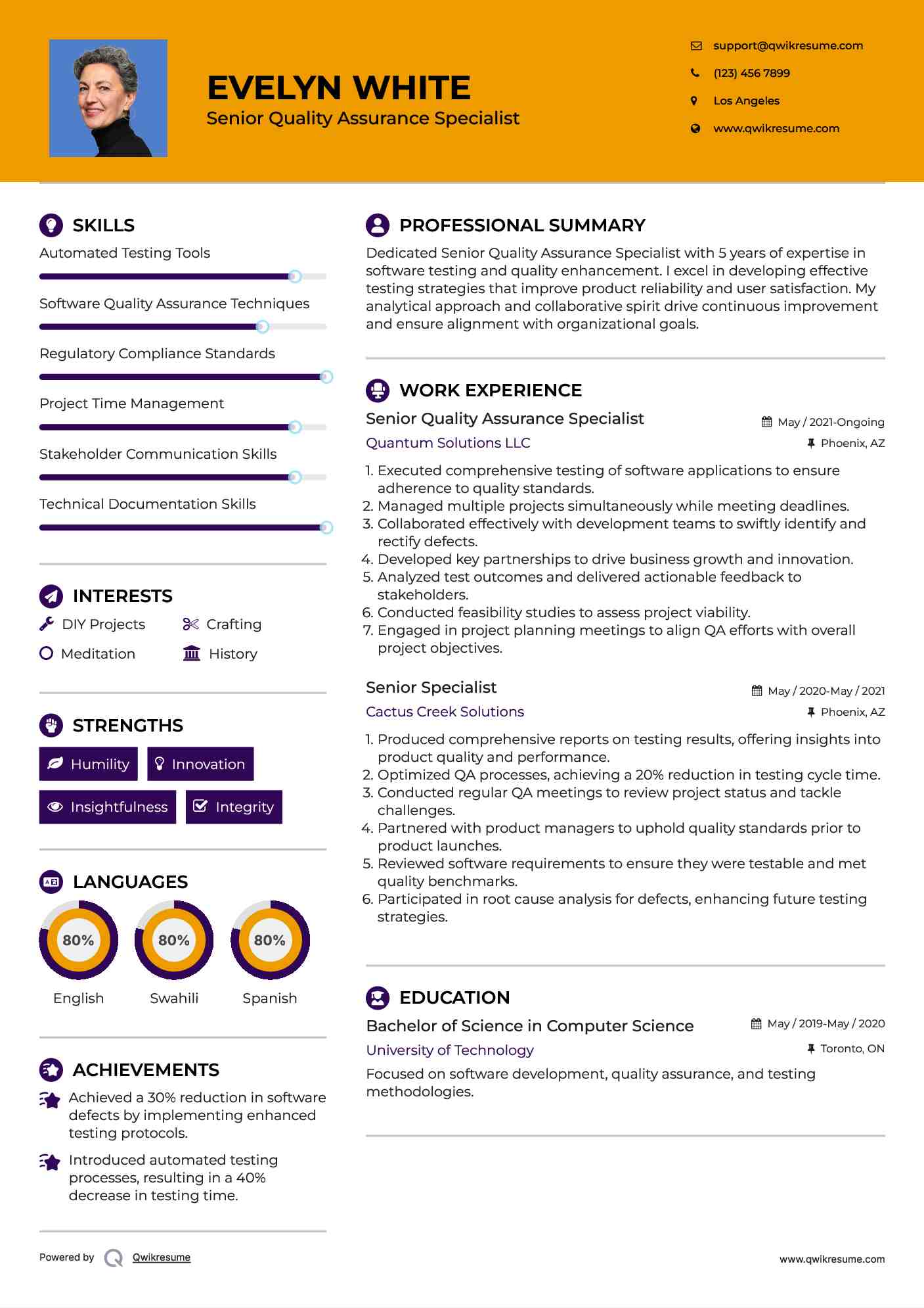Senior Quality Assurance Specialist Resume Template