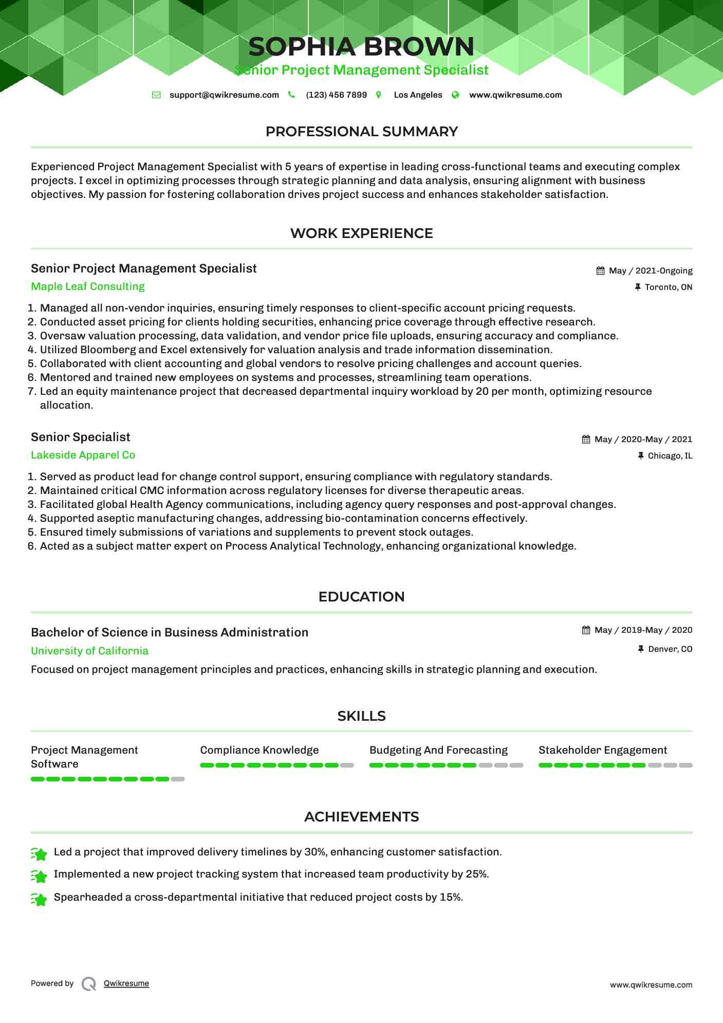 Senior  Project Management Specialist Resume Format