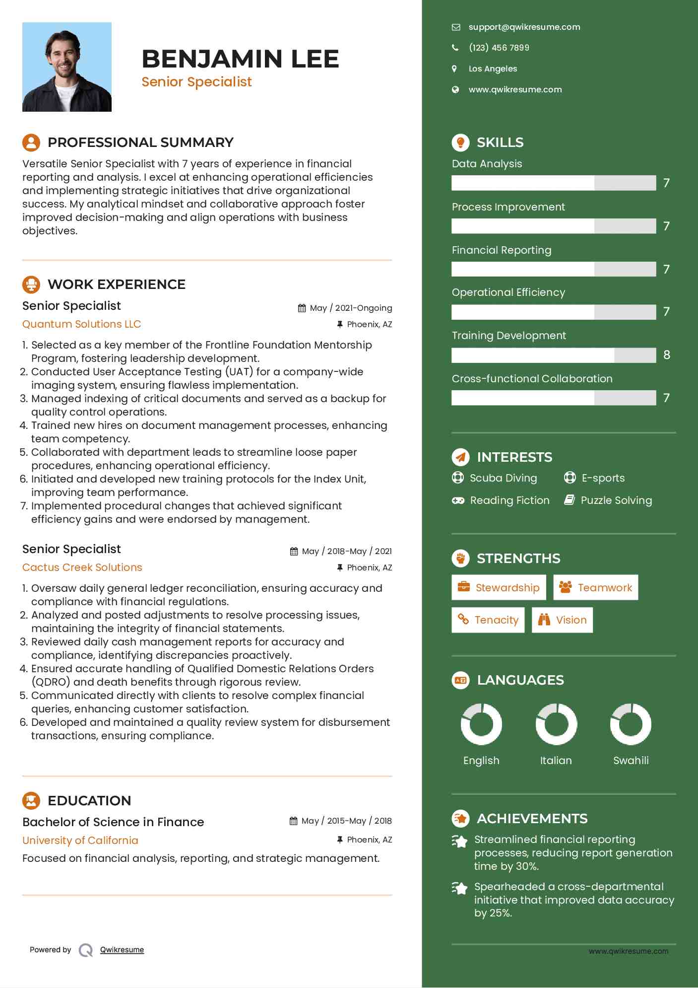 Senior Specialist Resume Sample