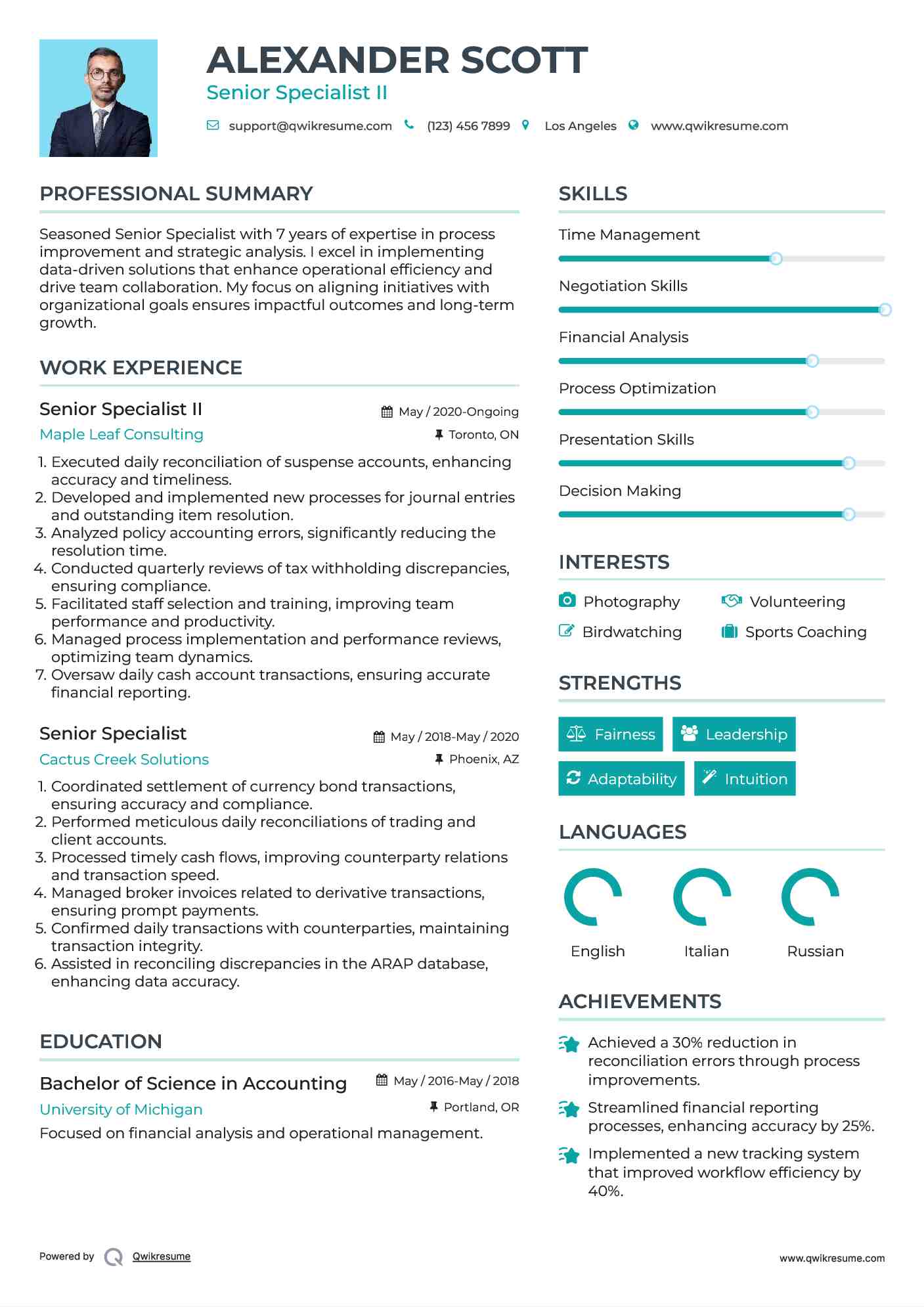 Senior Specialist II Resume Sample