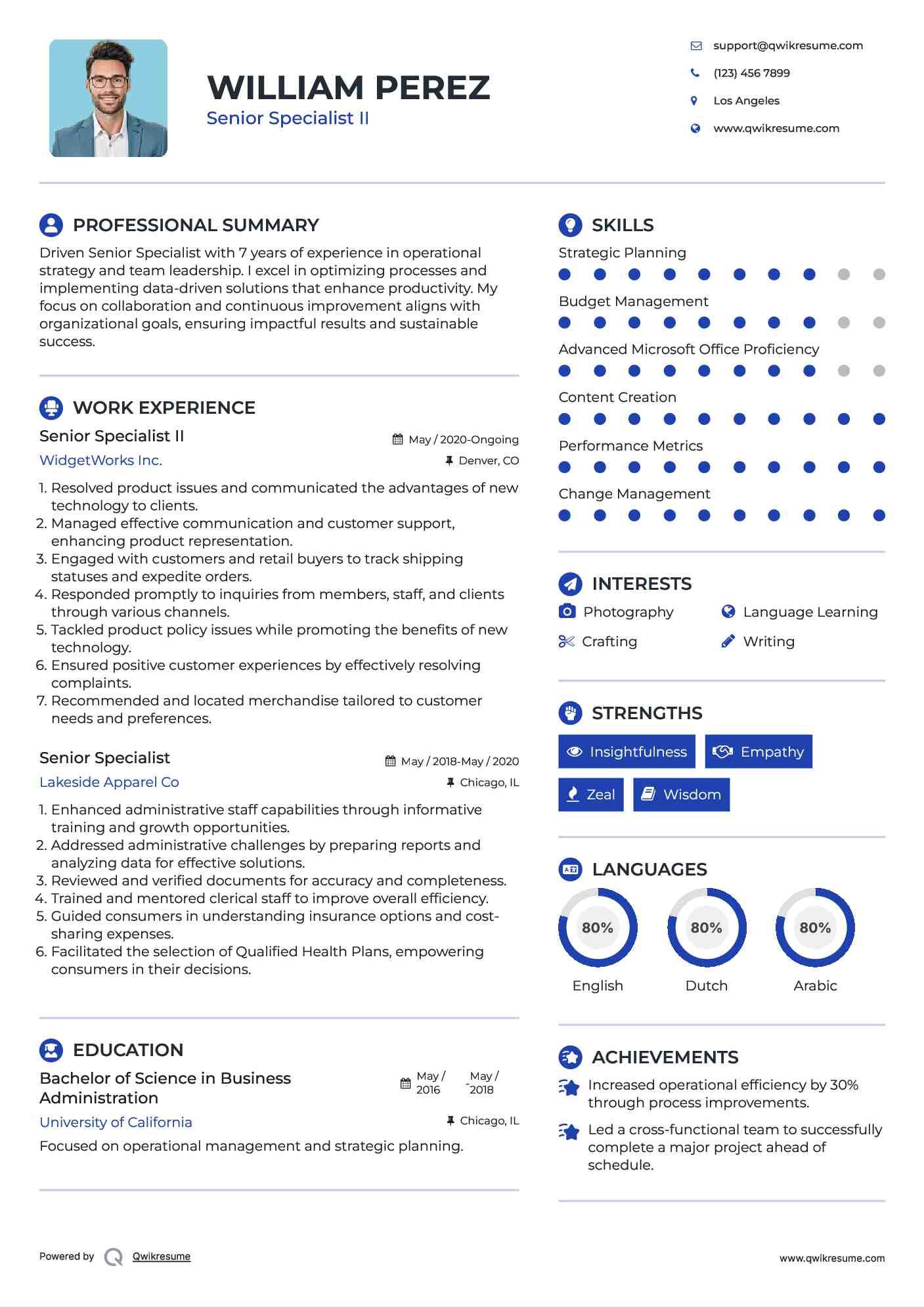Senior Specialist II Resume Model