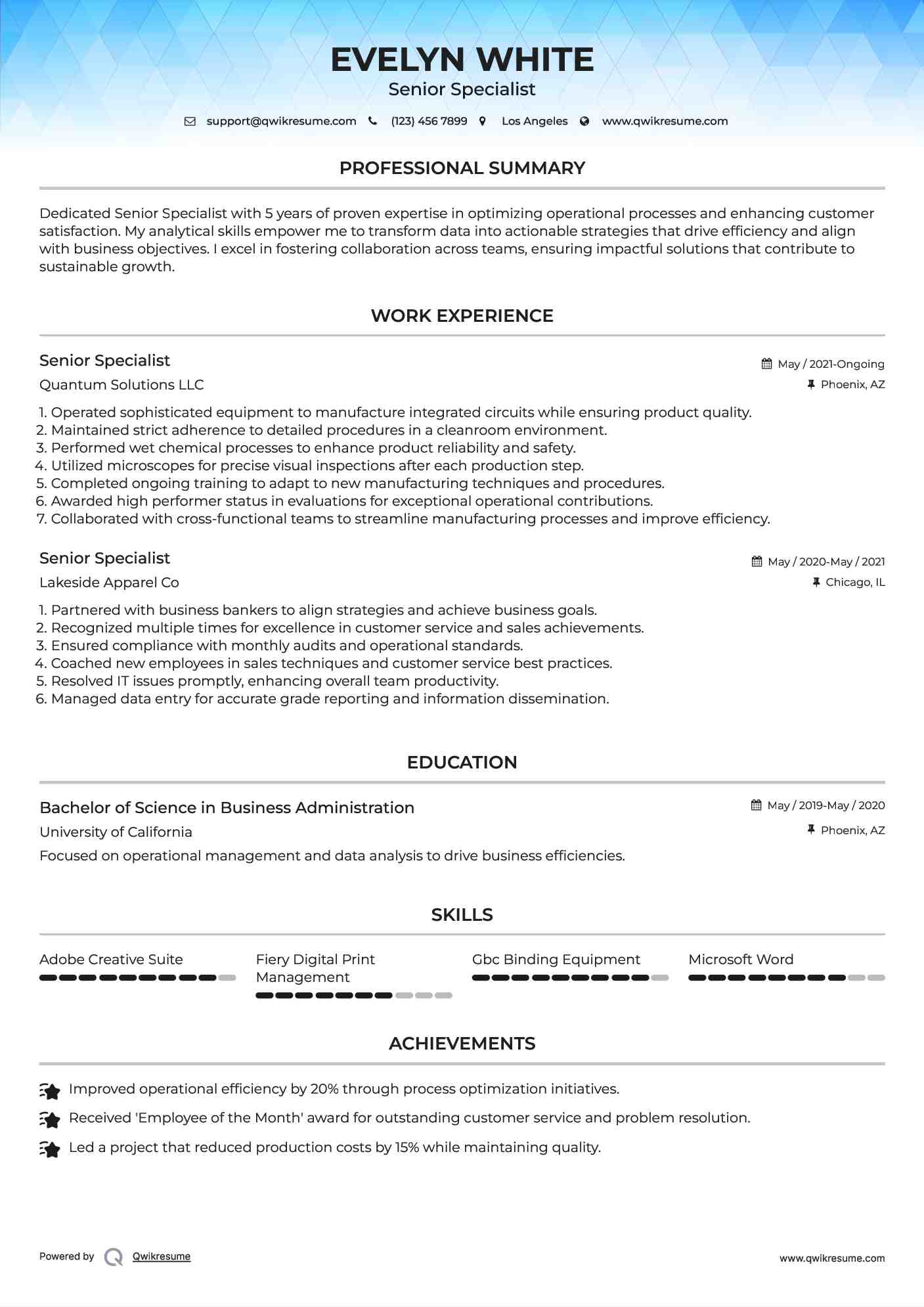 Senior Specialist Resume Sample