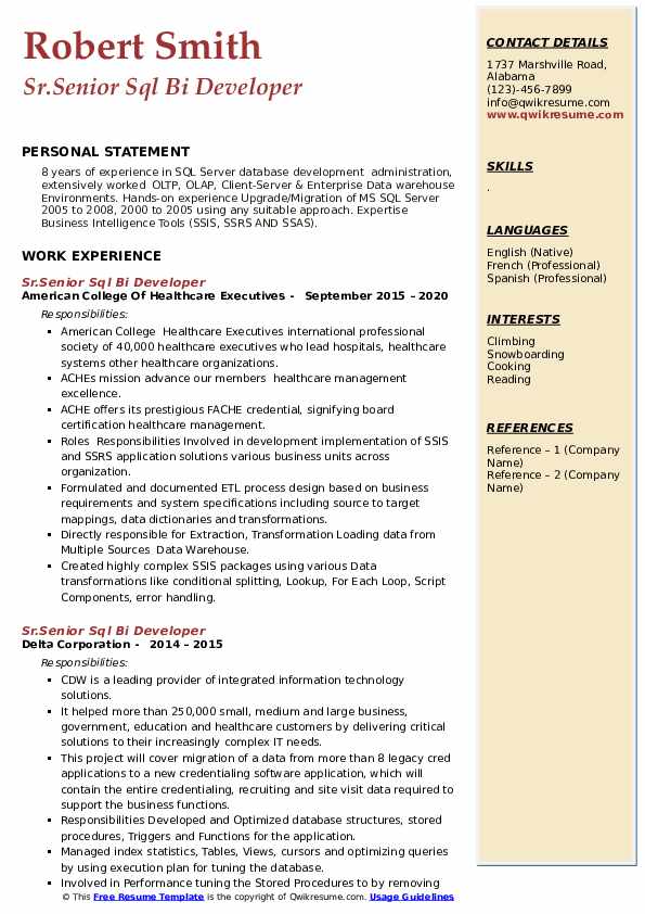 Senior SQL BI Developer Resume Samples | QwikResume
