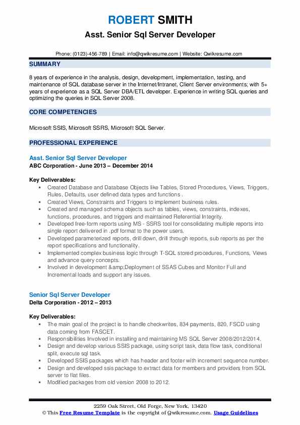 Senior SQL Server Developer Resume Samples | QwikResume