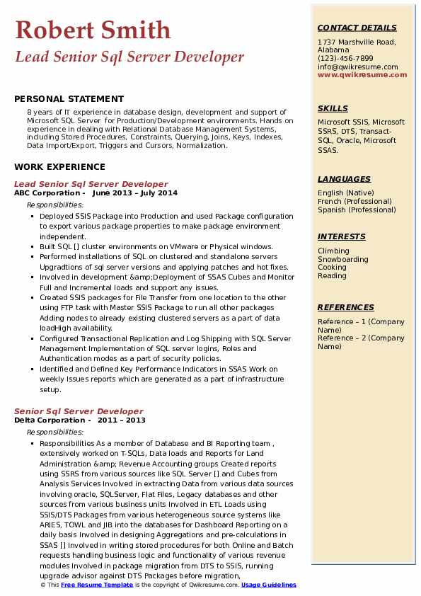 Senior SQL Server Developer Resume Samples | QwikResume