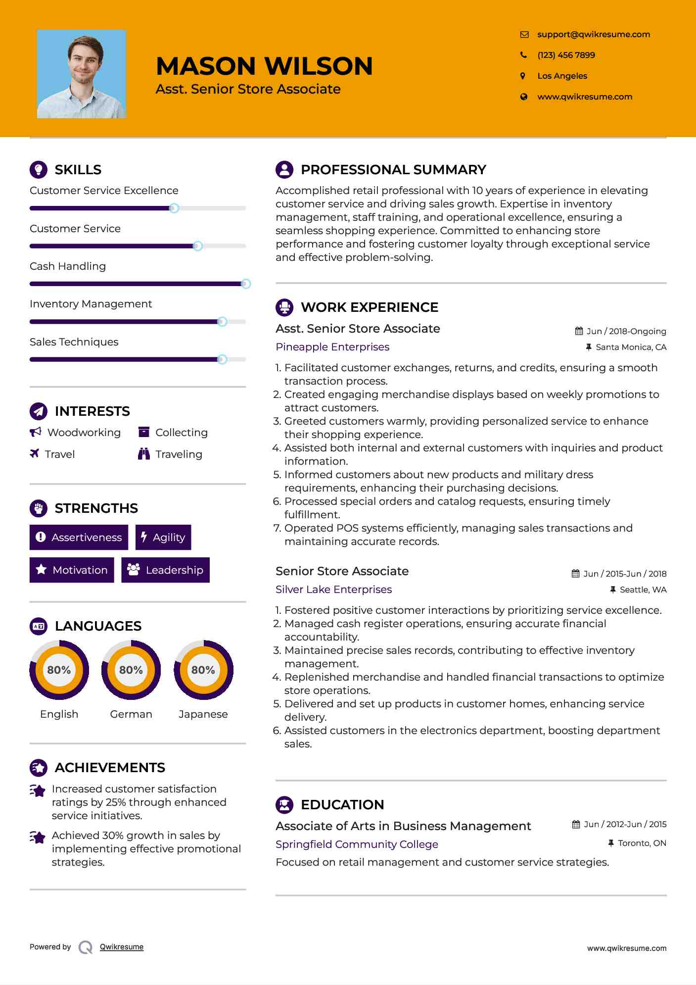 Asst. Senior Store Associate Resume Sample