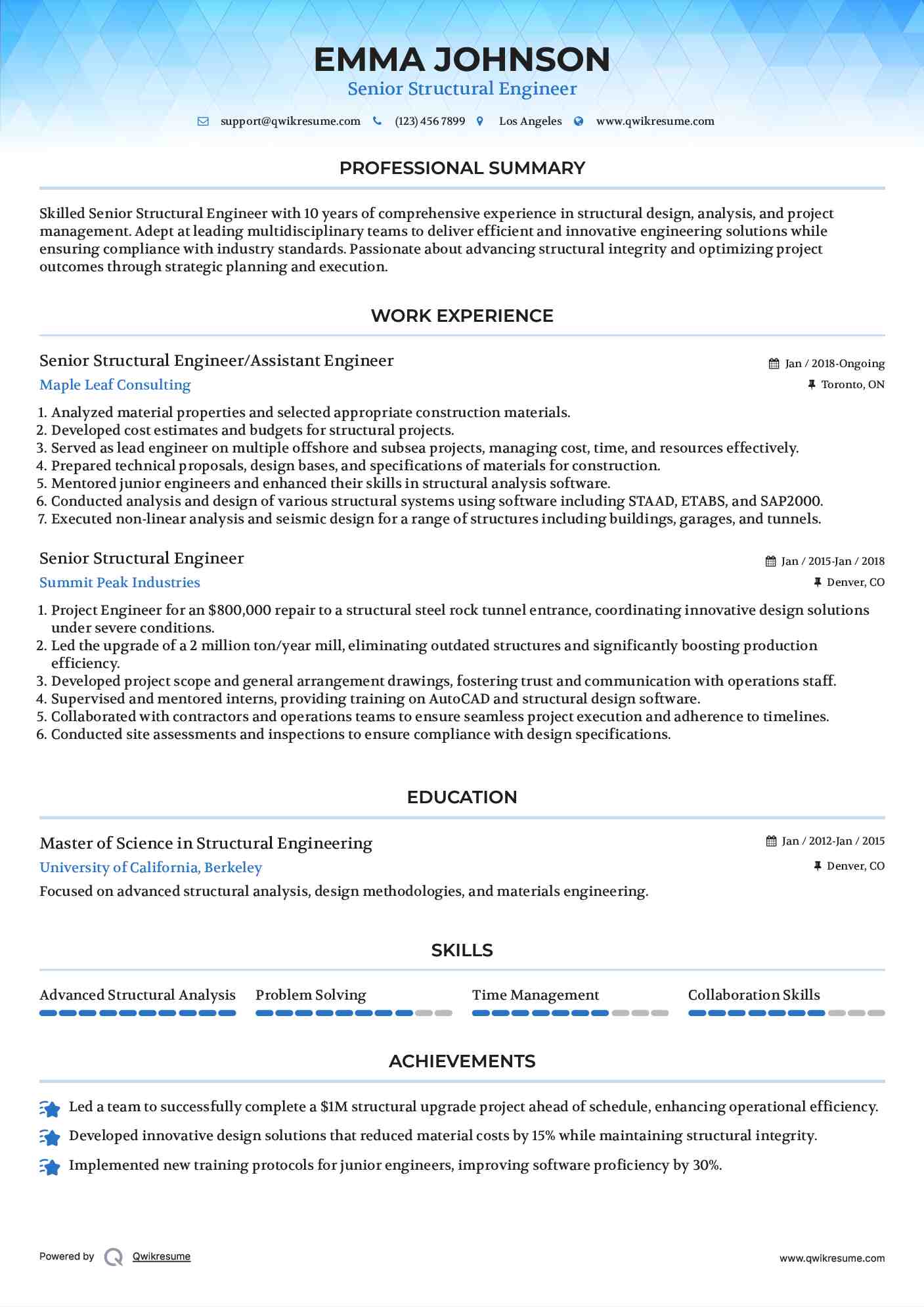 Senior Structural Engineer/Assistant Engineer Resume Format
