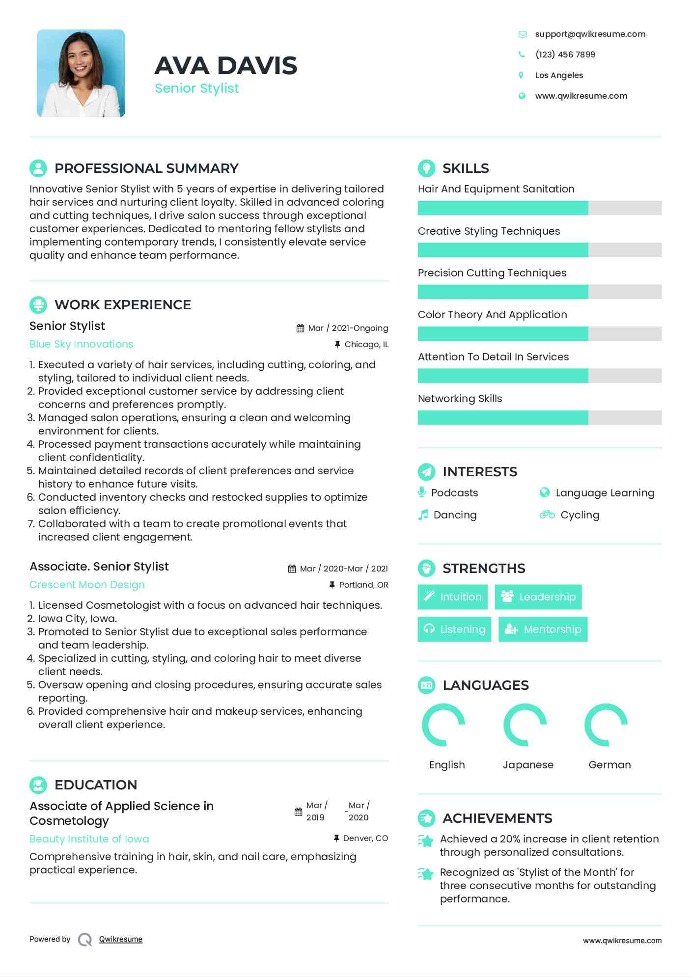 Senior Stylist Resume Example