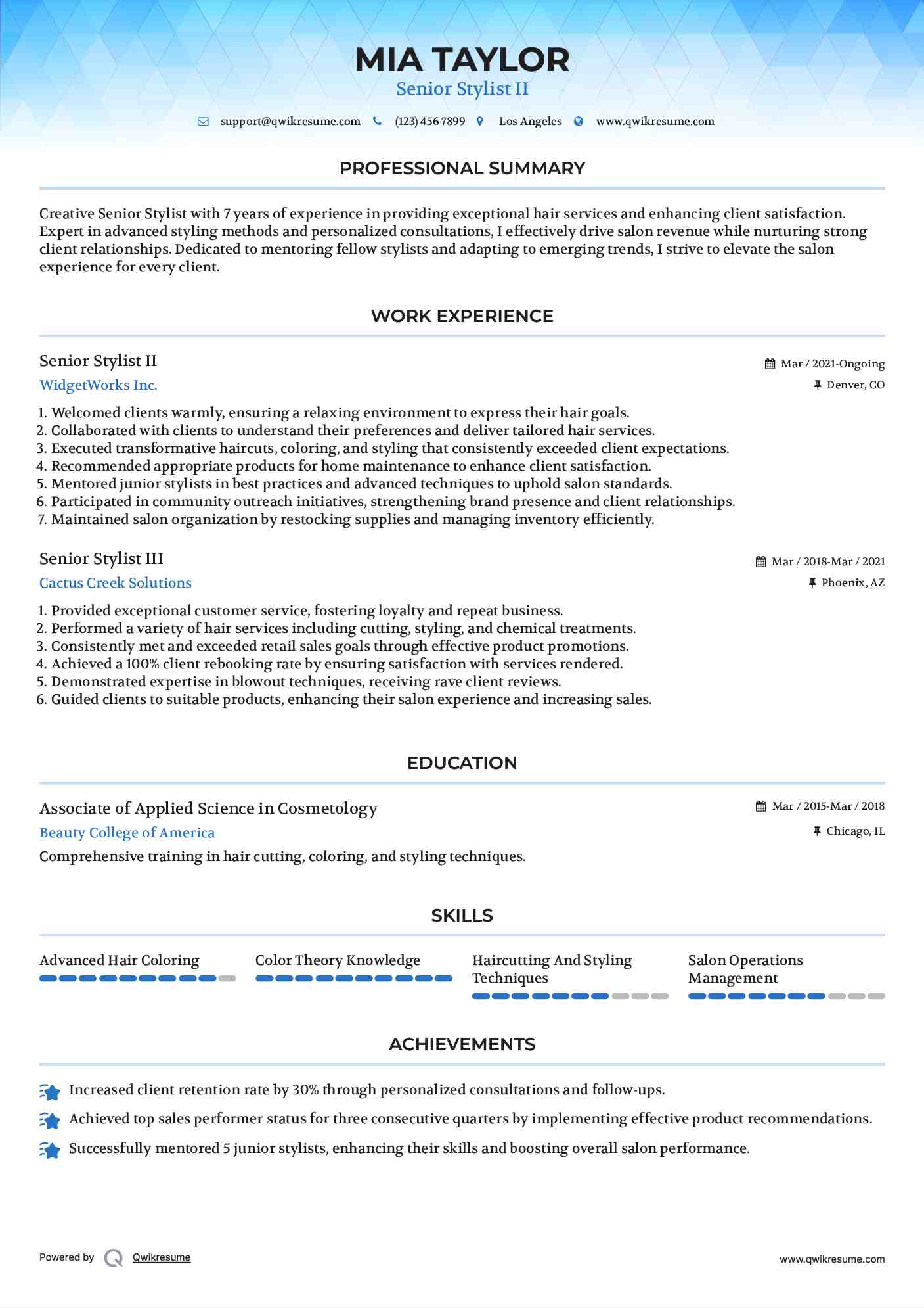 Senior Stylist II Resume Model
