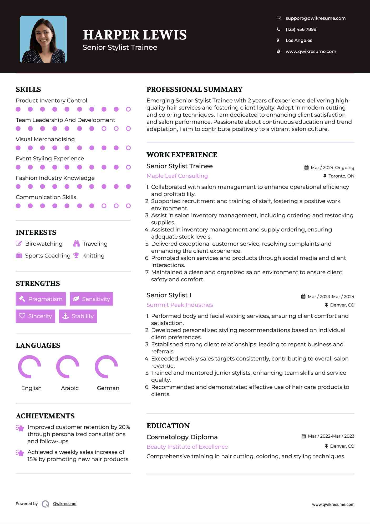 Senior Stylist Trainee Resume Model