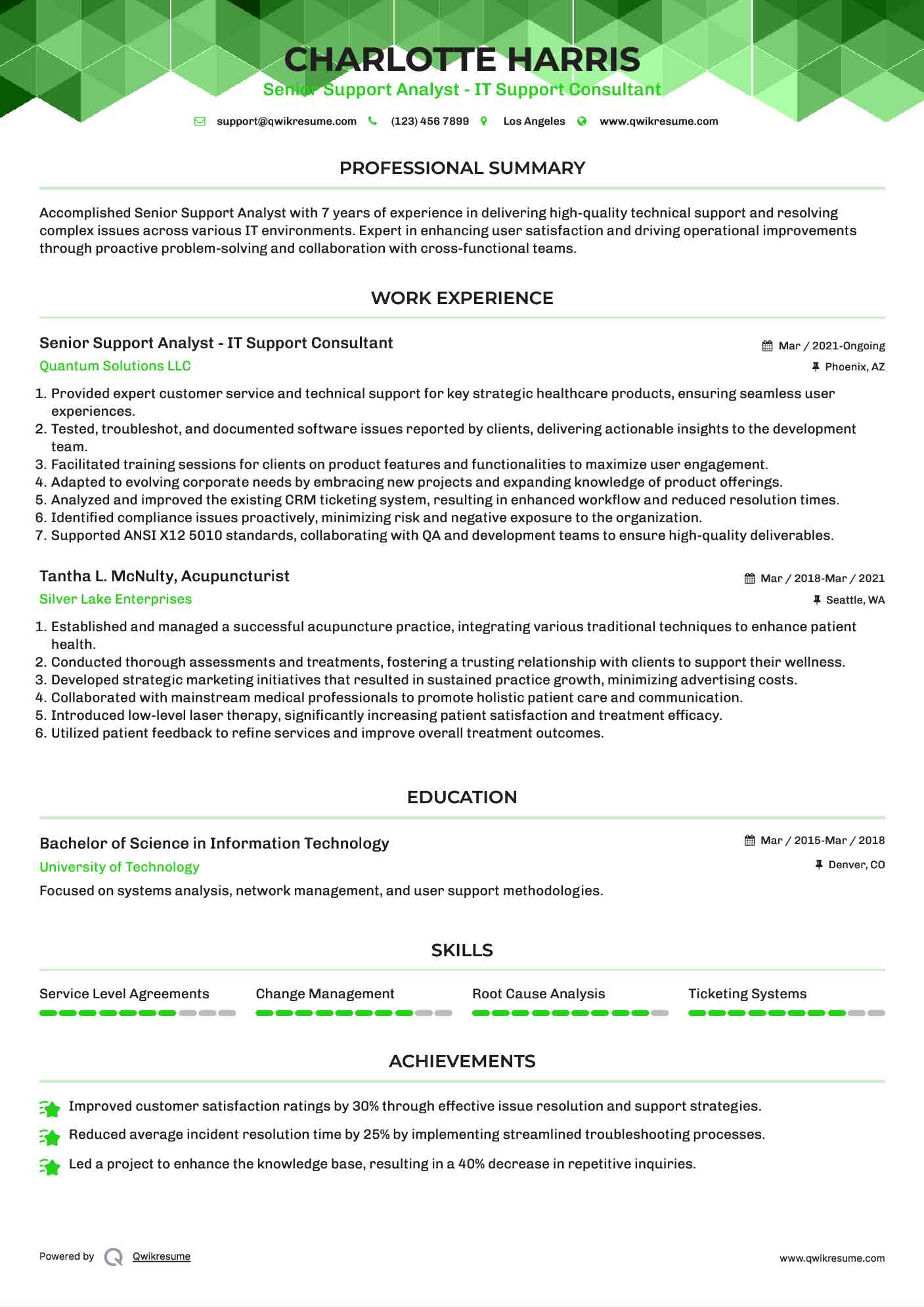 Senior Support Analyst - IT Support Consultant Resume Example