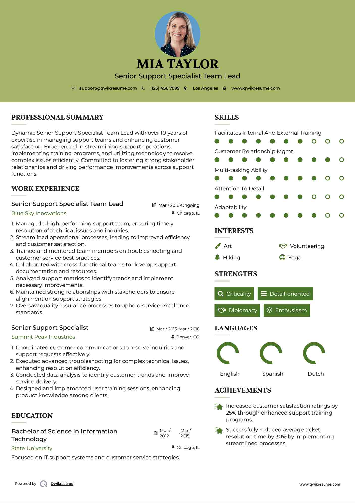 Senior Support Specialist Team Lead Resume Sample