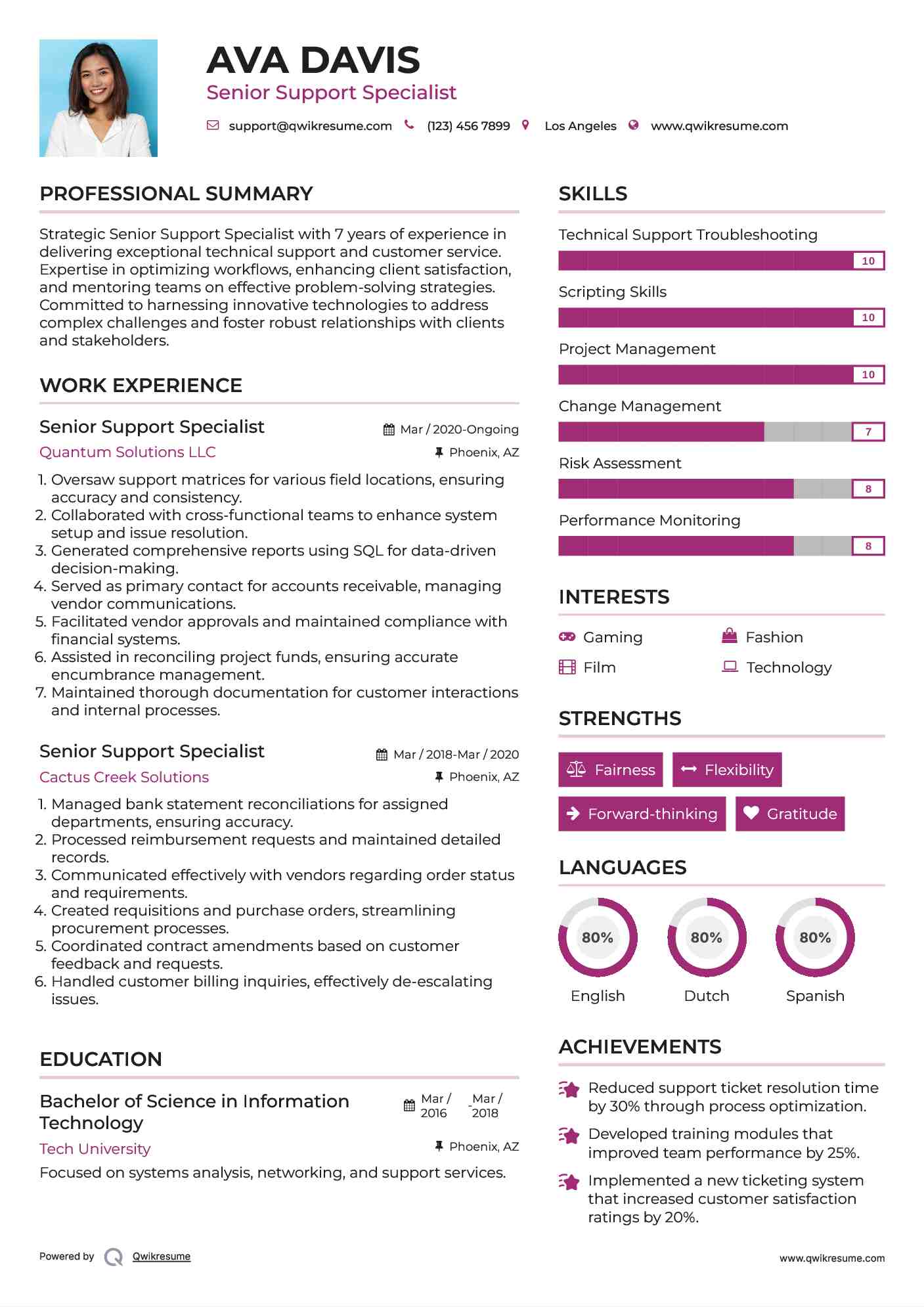 Senior Support Specialist Resume Example