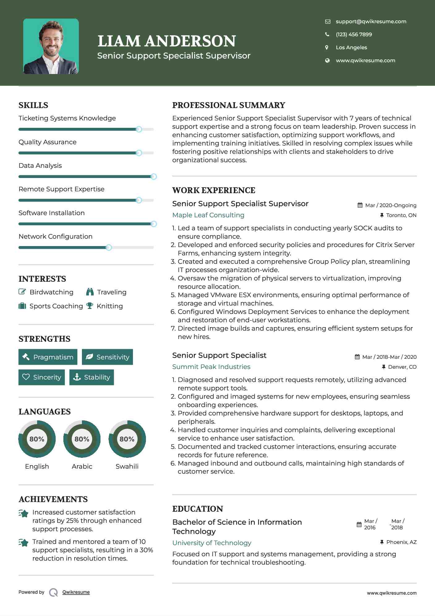 Senior Support Specialist Supervisor Resume Template