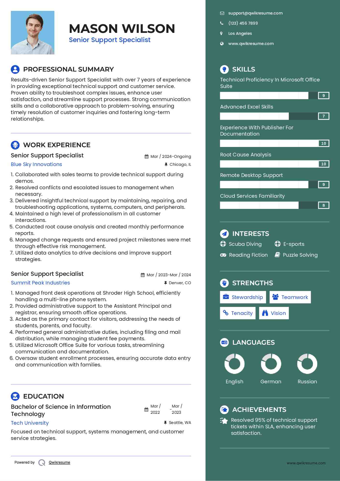 Senior Support Specialist Resume Sample