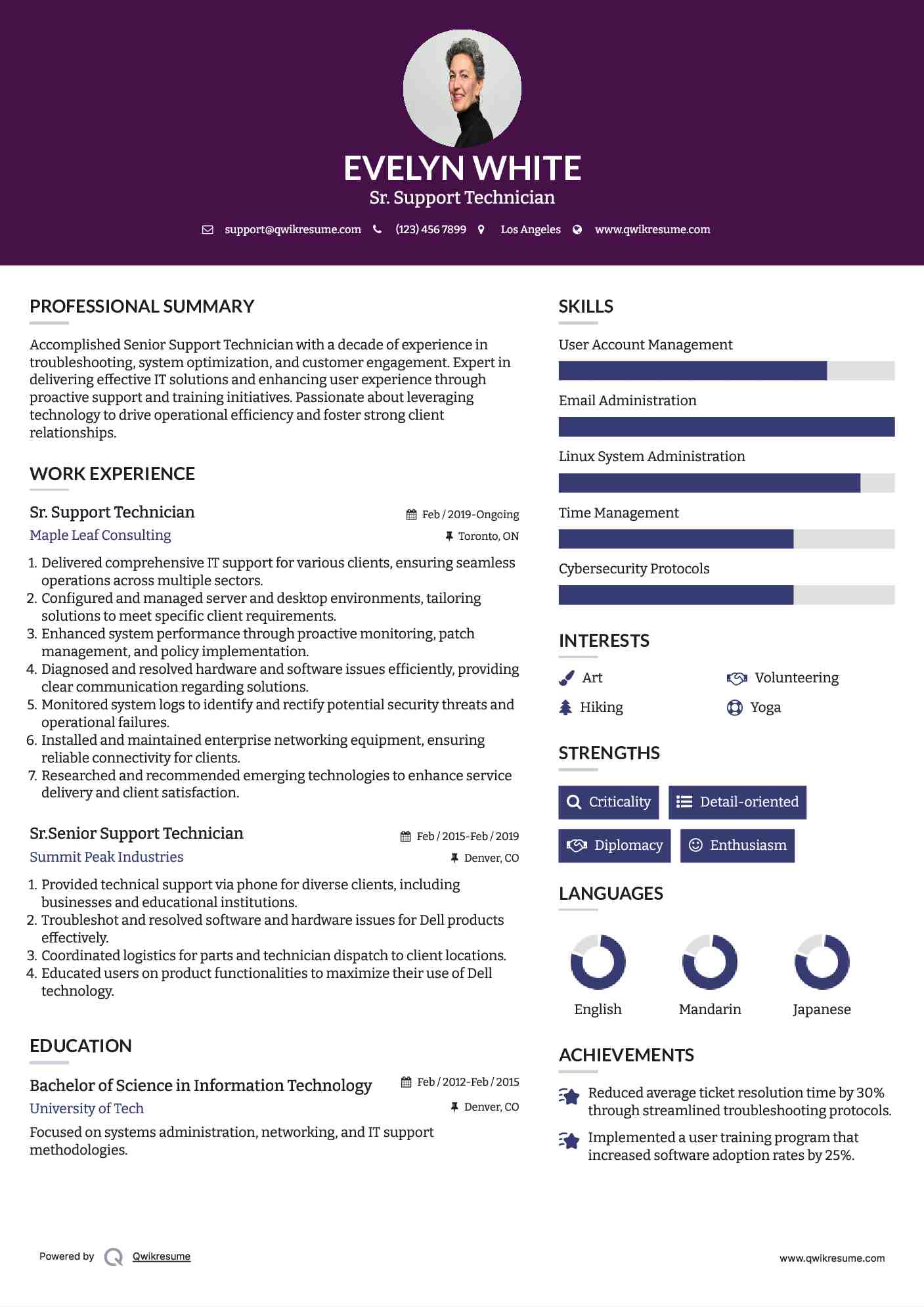 Senior Support Technician Resume Samples QwikResume