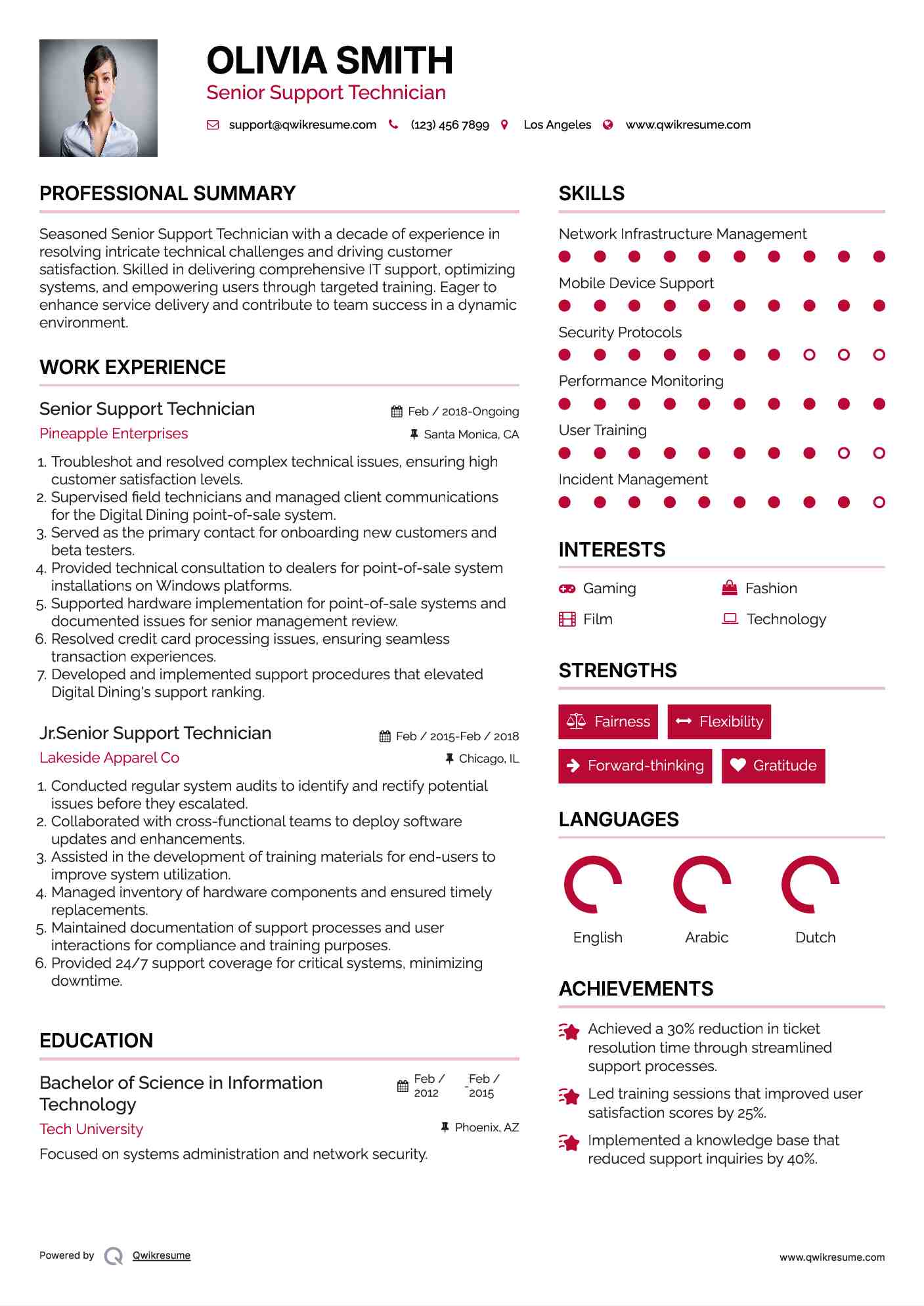 Senior Support Technician Resume Samples QwikResume