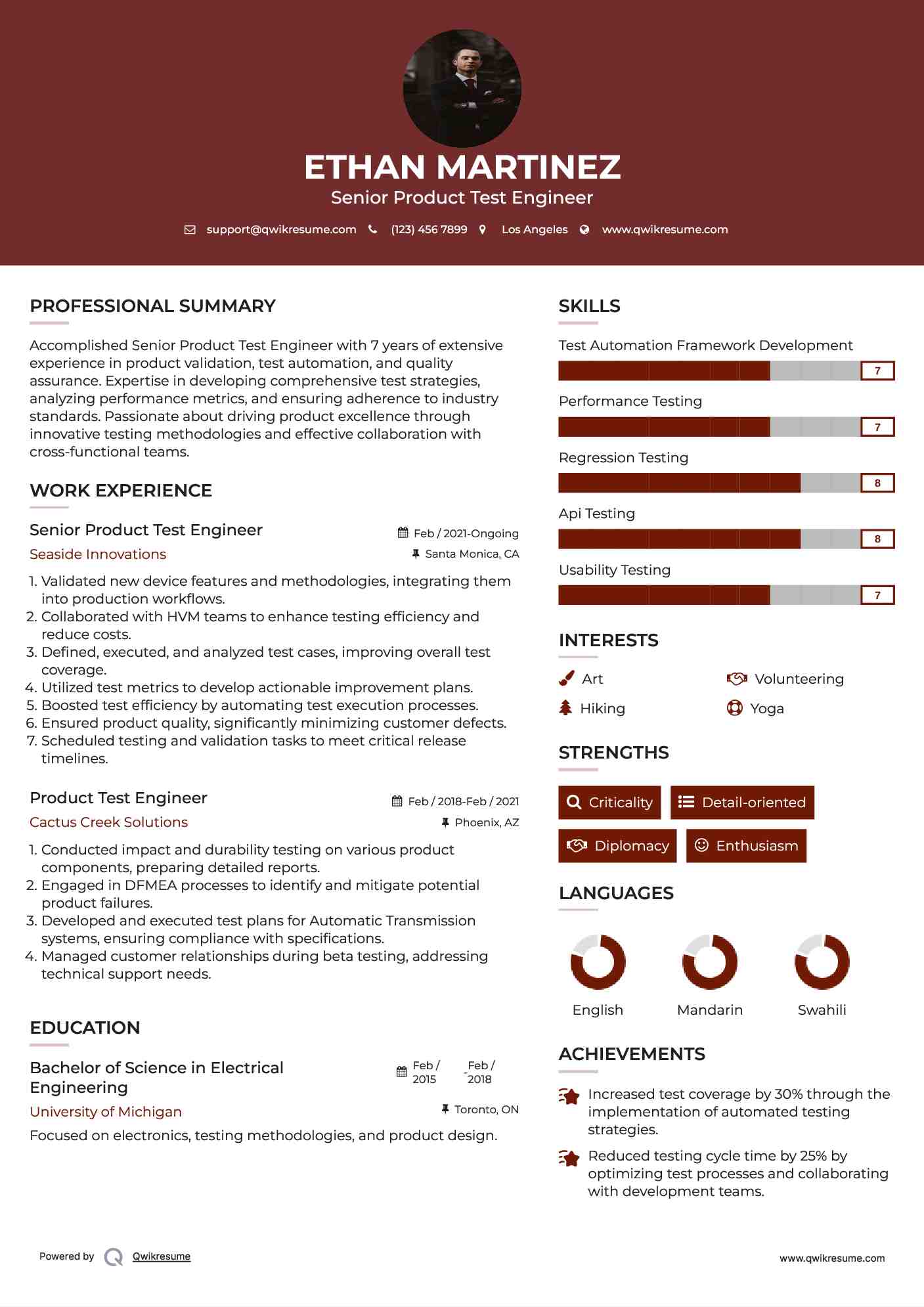 Senior Product Test Engineer Resume Sample