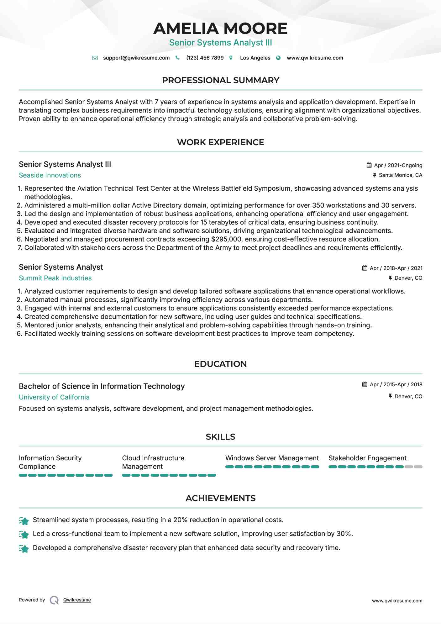 Senior Systems Analyst III Resume Format