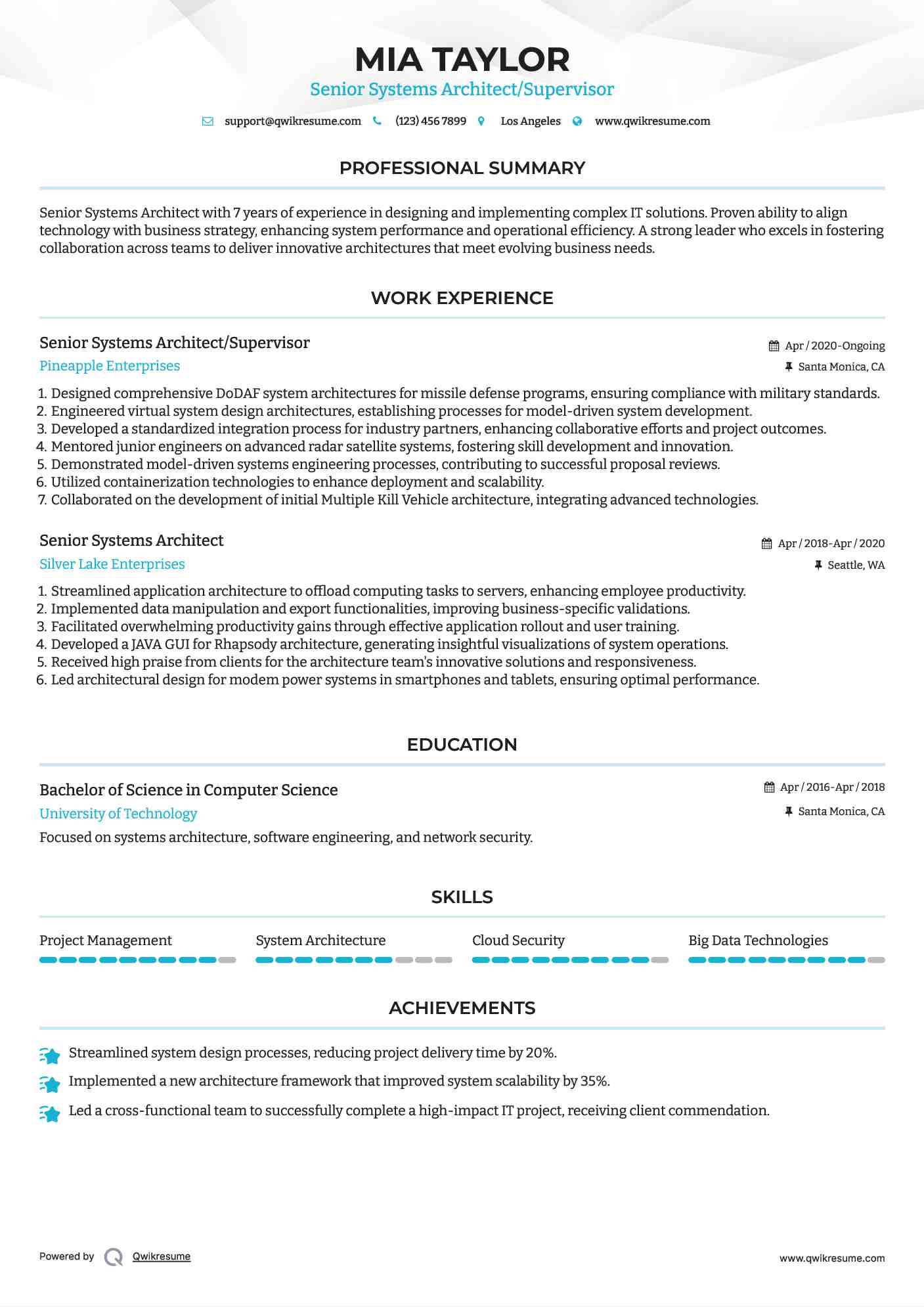 Senior Systems Architect/Supervisor Resume Template