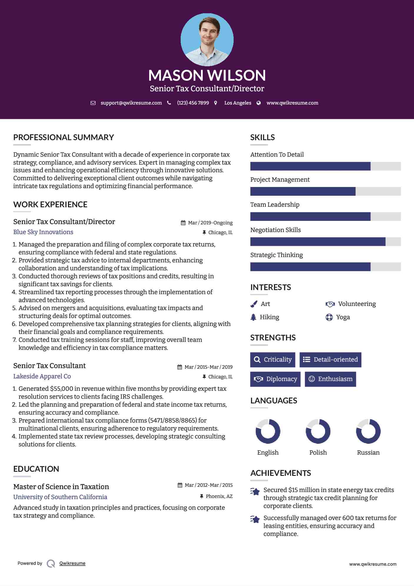 Senior Tax Consultant/Director Resume Sample