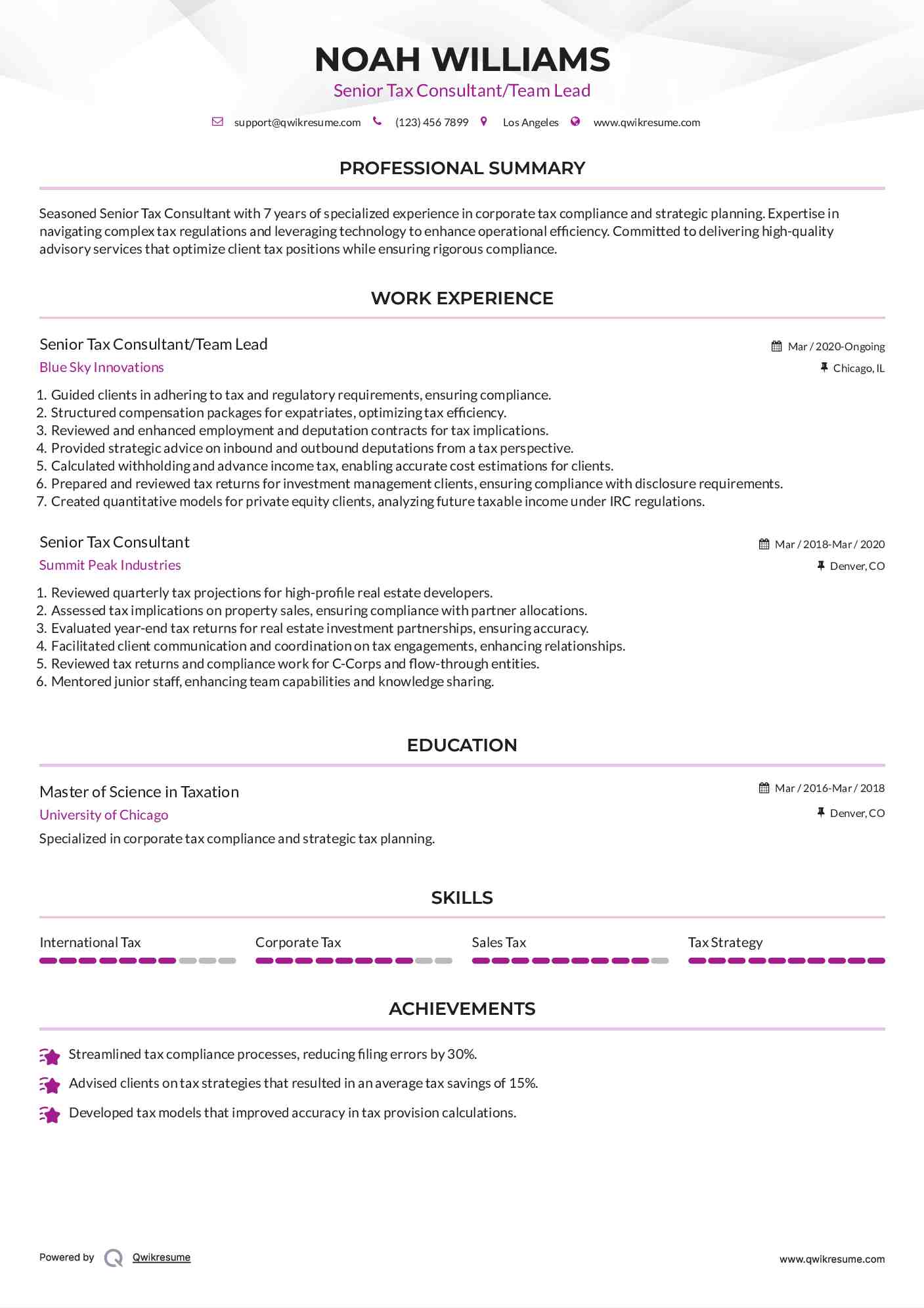 Senior Tax Consultant/Team Lead Resume Template