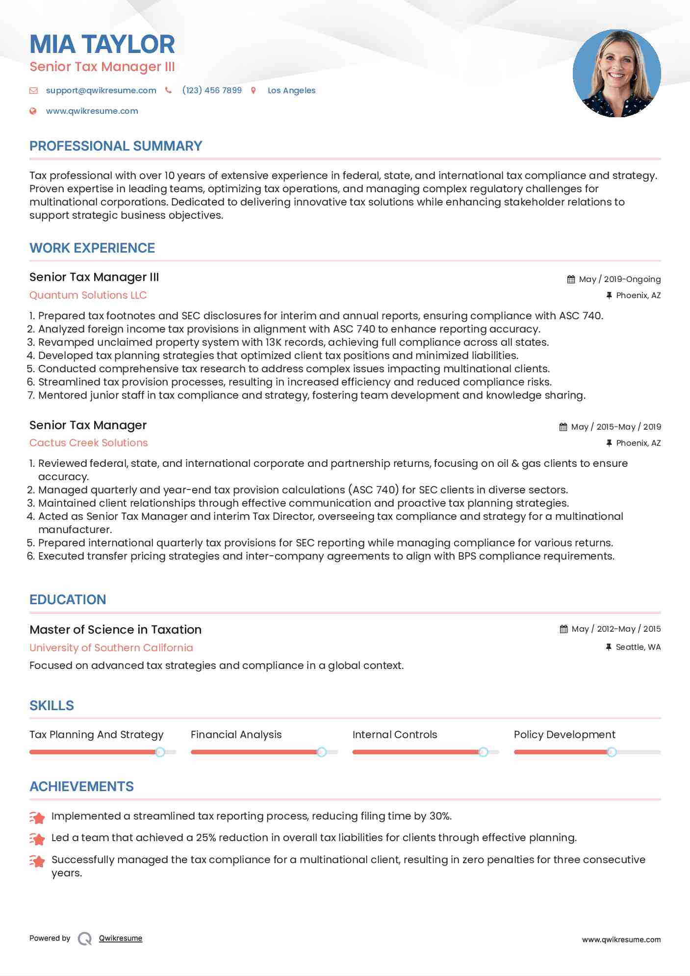 Senior Tax Manager III Resume Sample