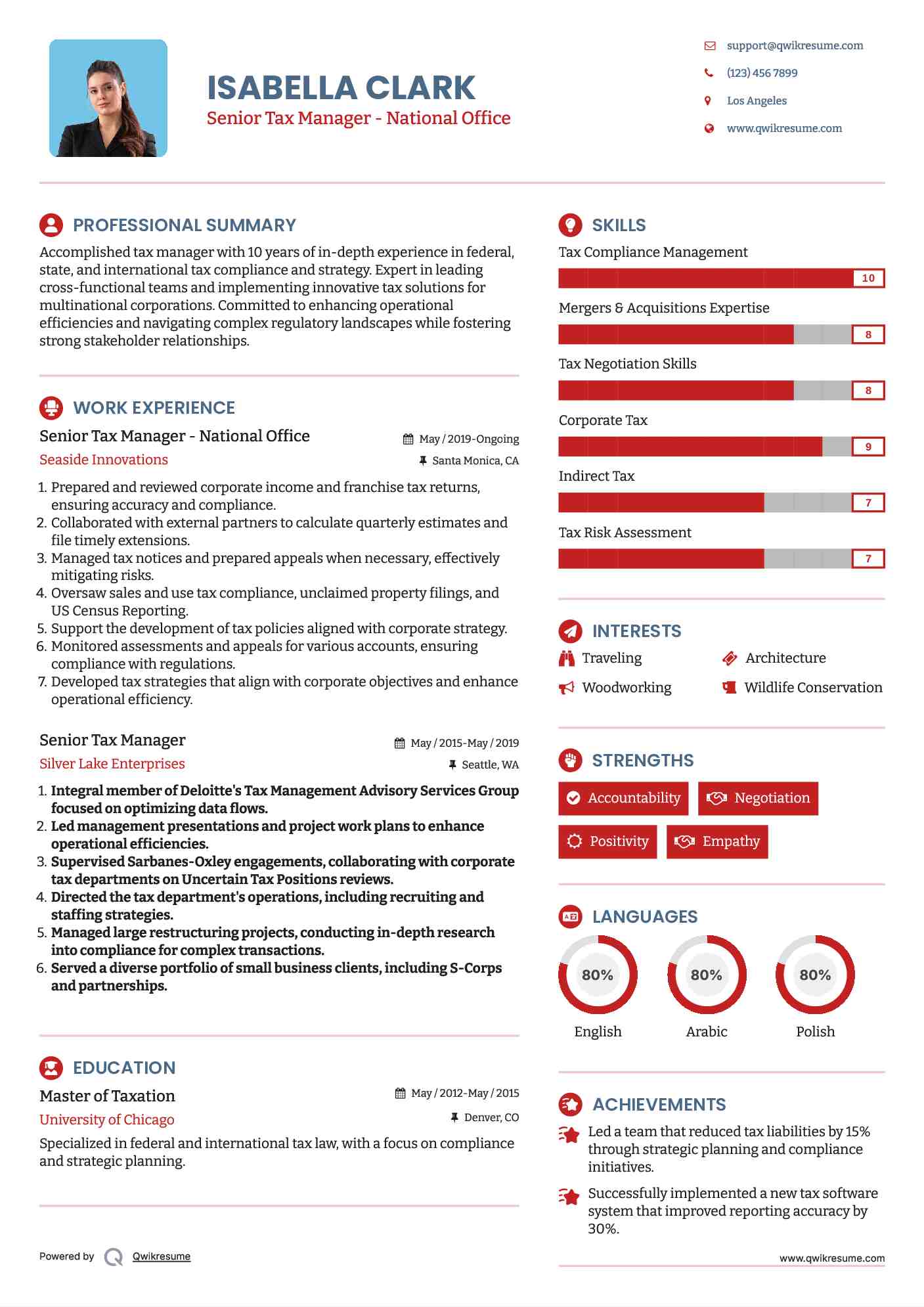 Senior Tax Manager - National Office Resume Format