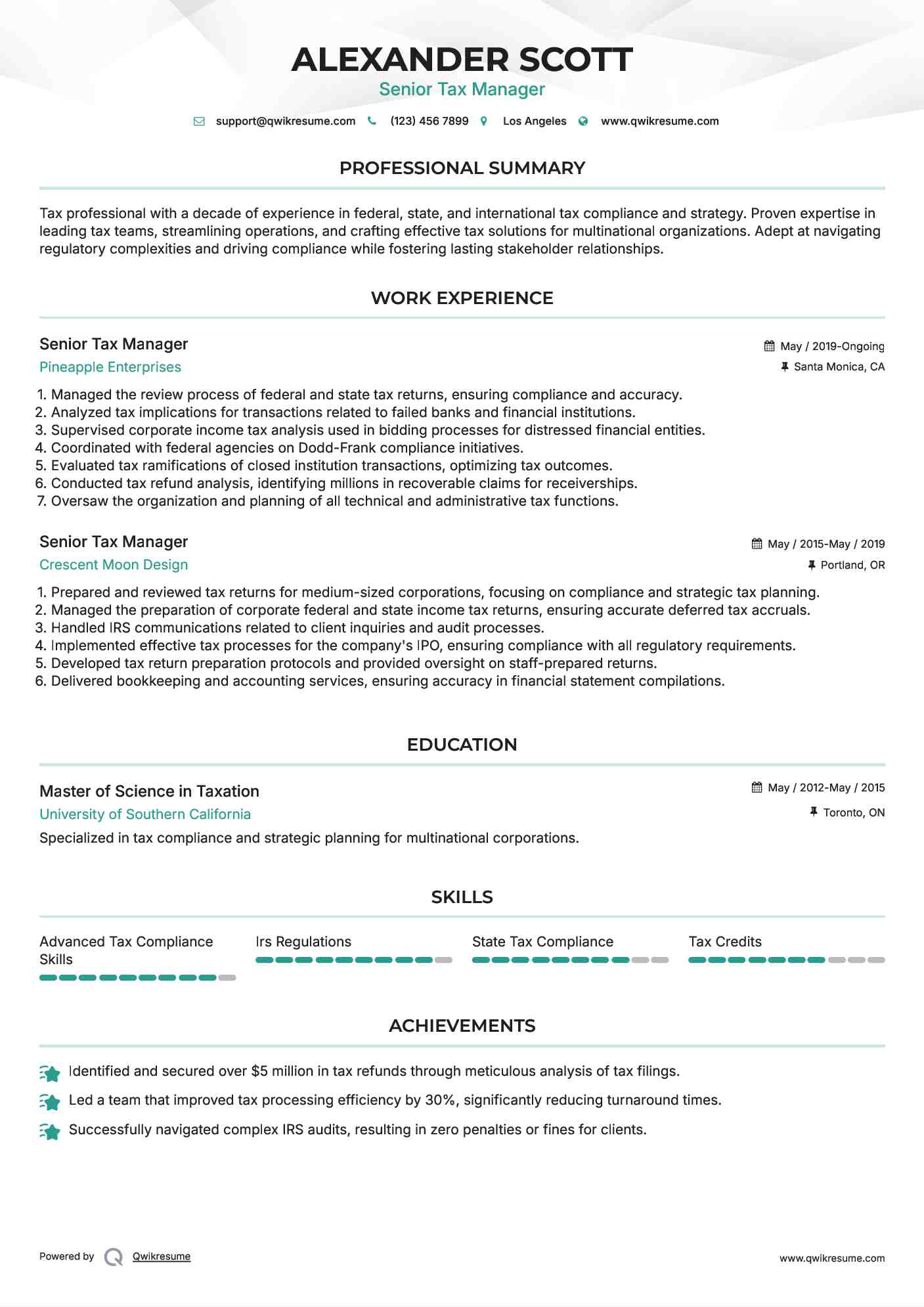 Senior Tax Manager Resume Model