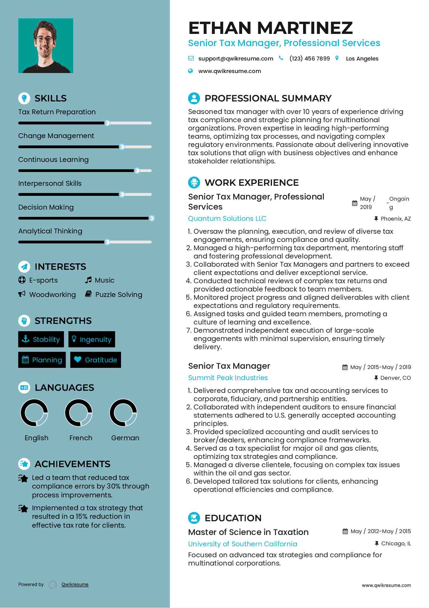 Senior Tax Manager, Professional Services Resume Sample