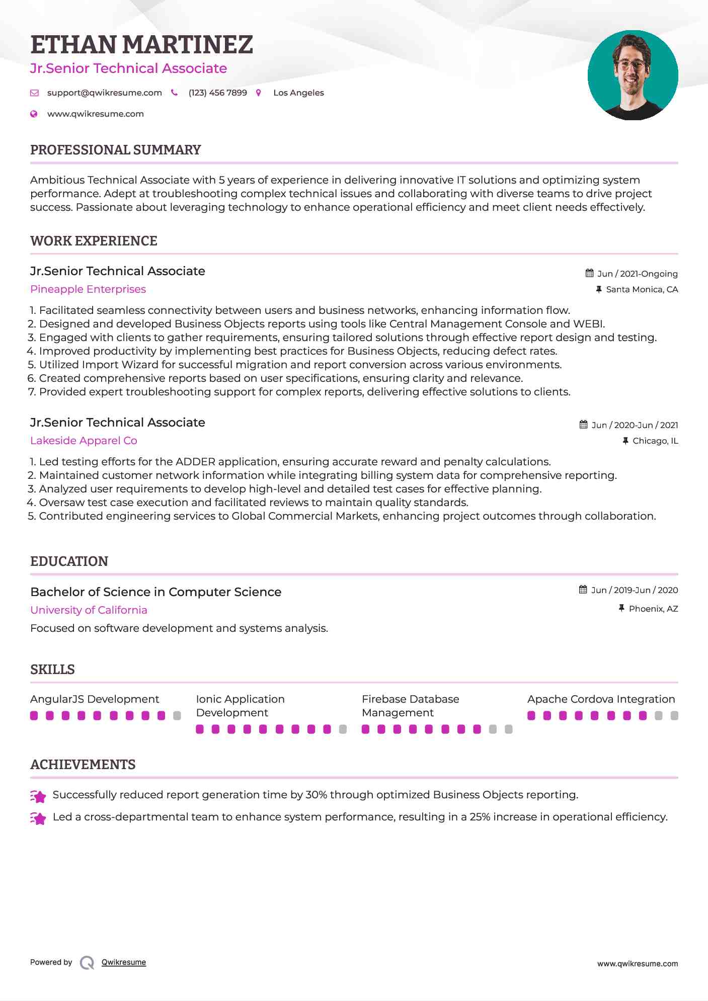 Jr.Senior Technical Associate Resume Model