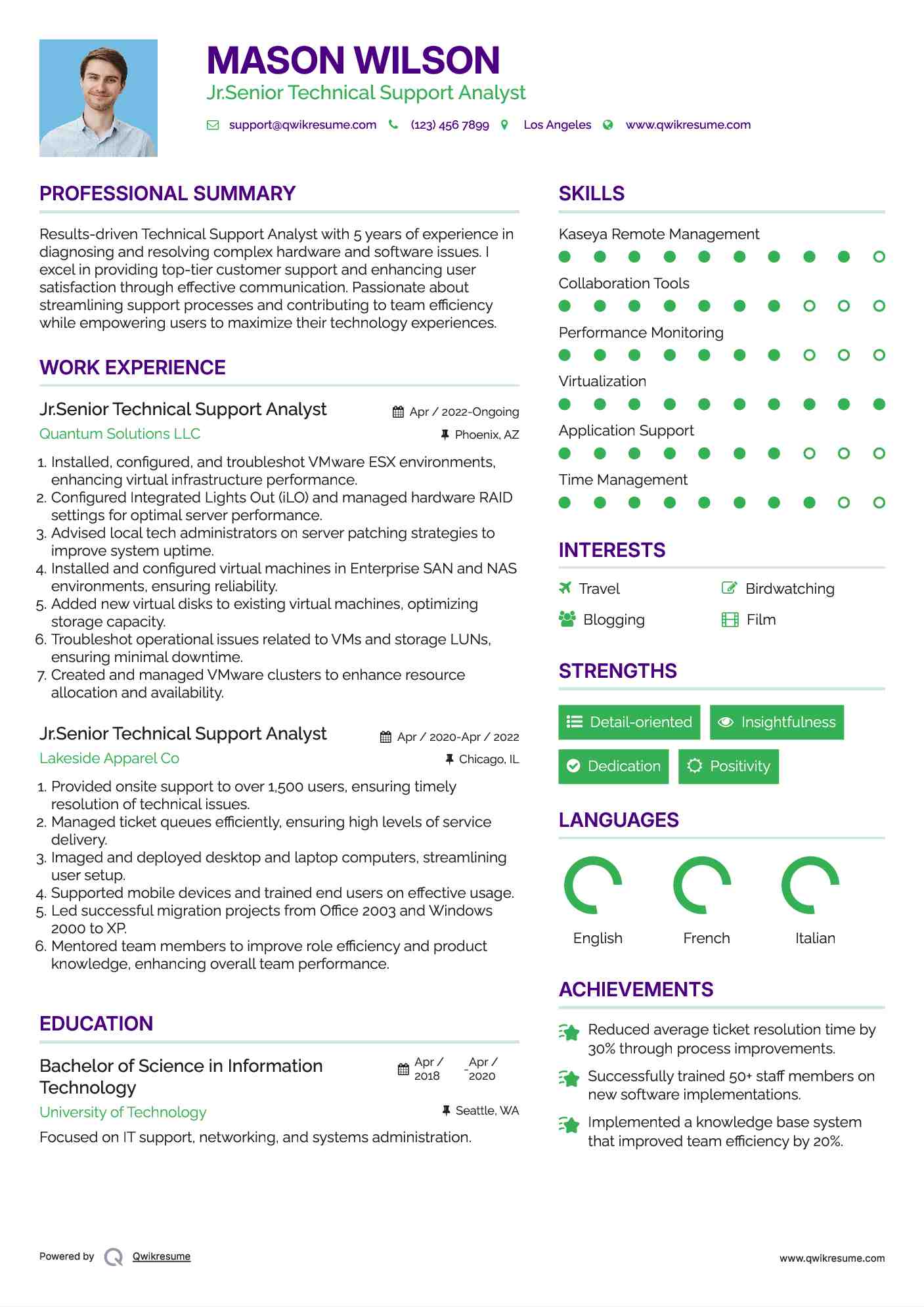 Jr.Senior Technical Support Analyst Resume Example