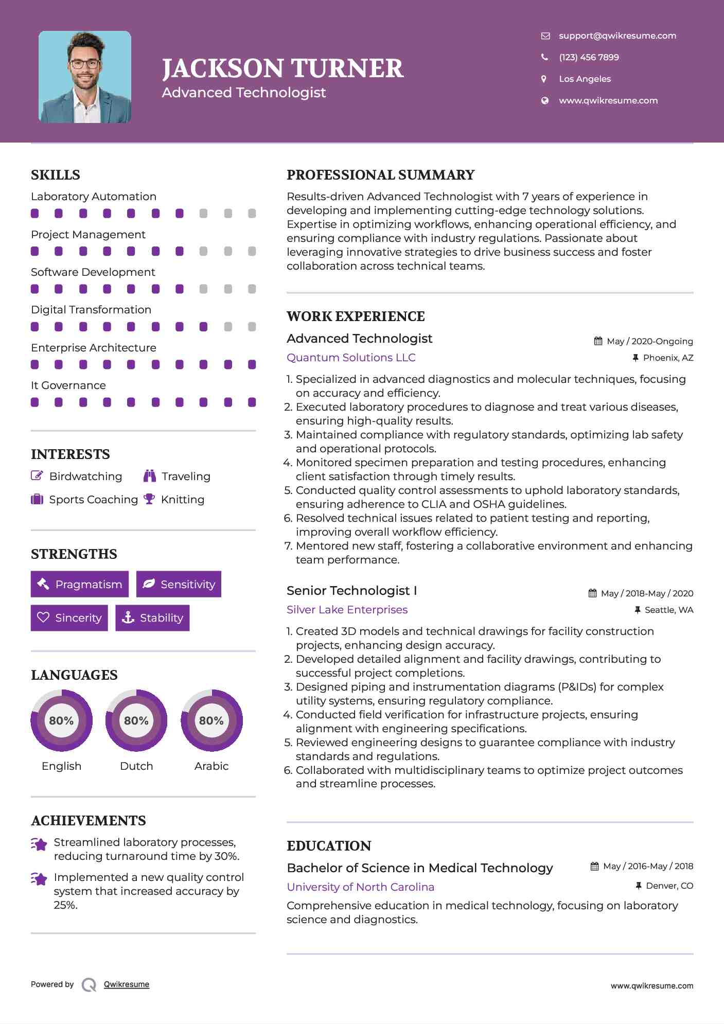 Advanced Technologist Resume Sample